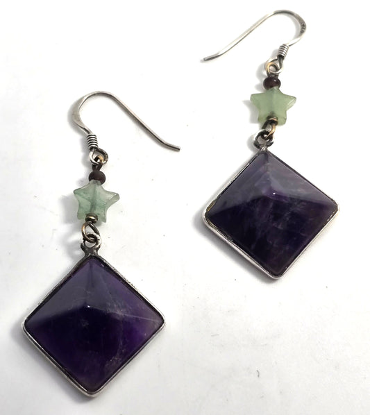Amethyst pyramid Jadeite star gemstone vintage sterling silver earrings