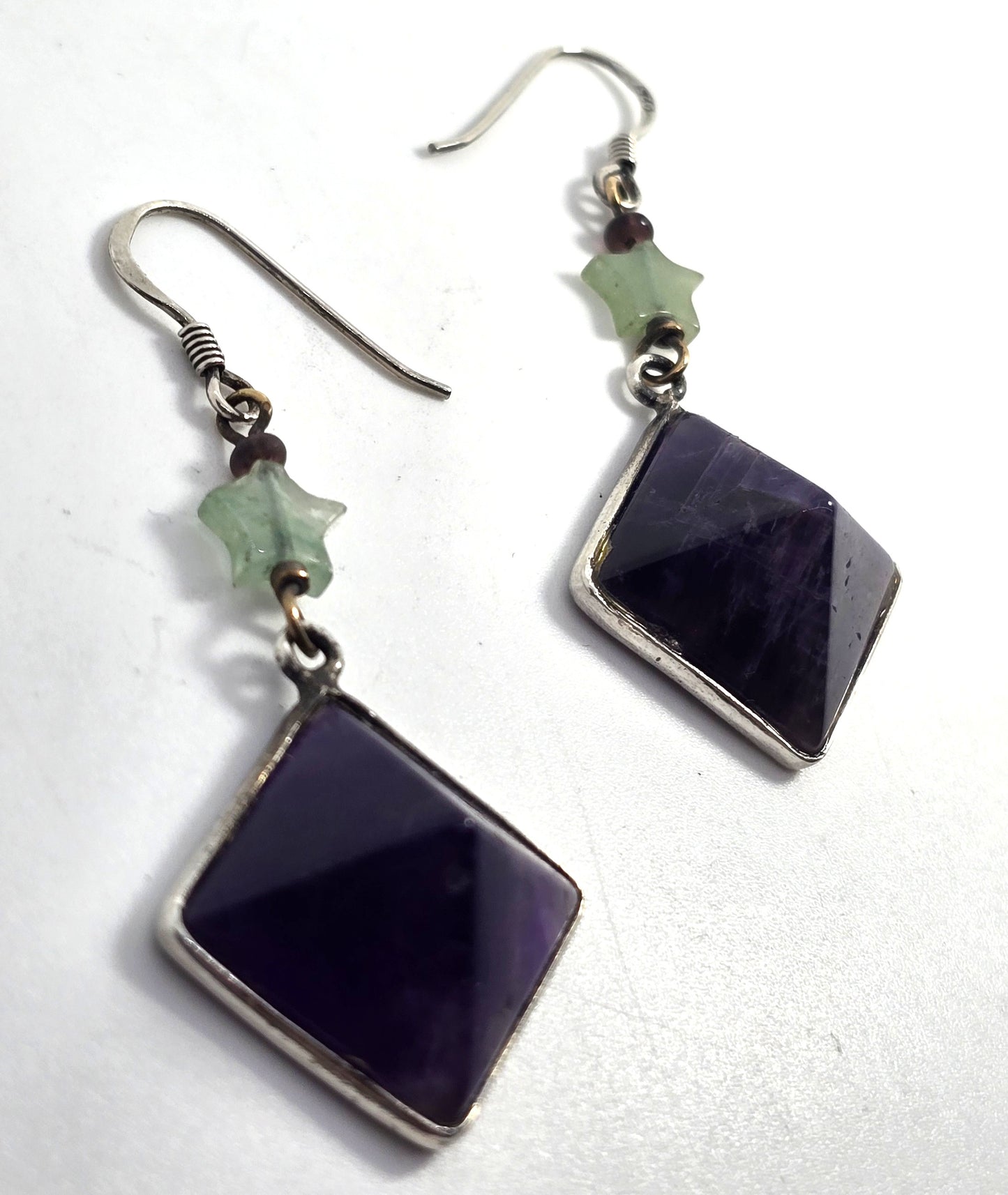 Amethyst pyramid Jadeite star gemstone vintage sterling silver earrings