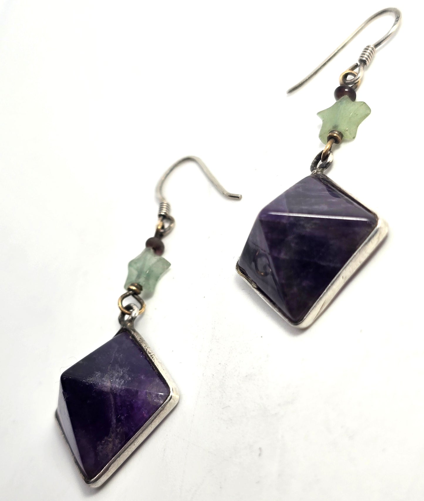 Amethyst pyramid Jadeite star gemstone vintage sterling silver earrings