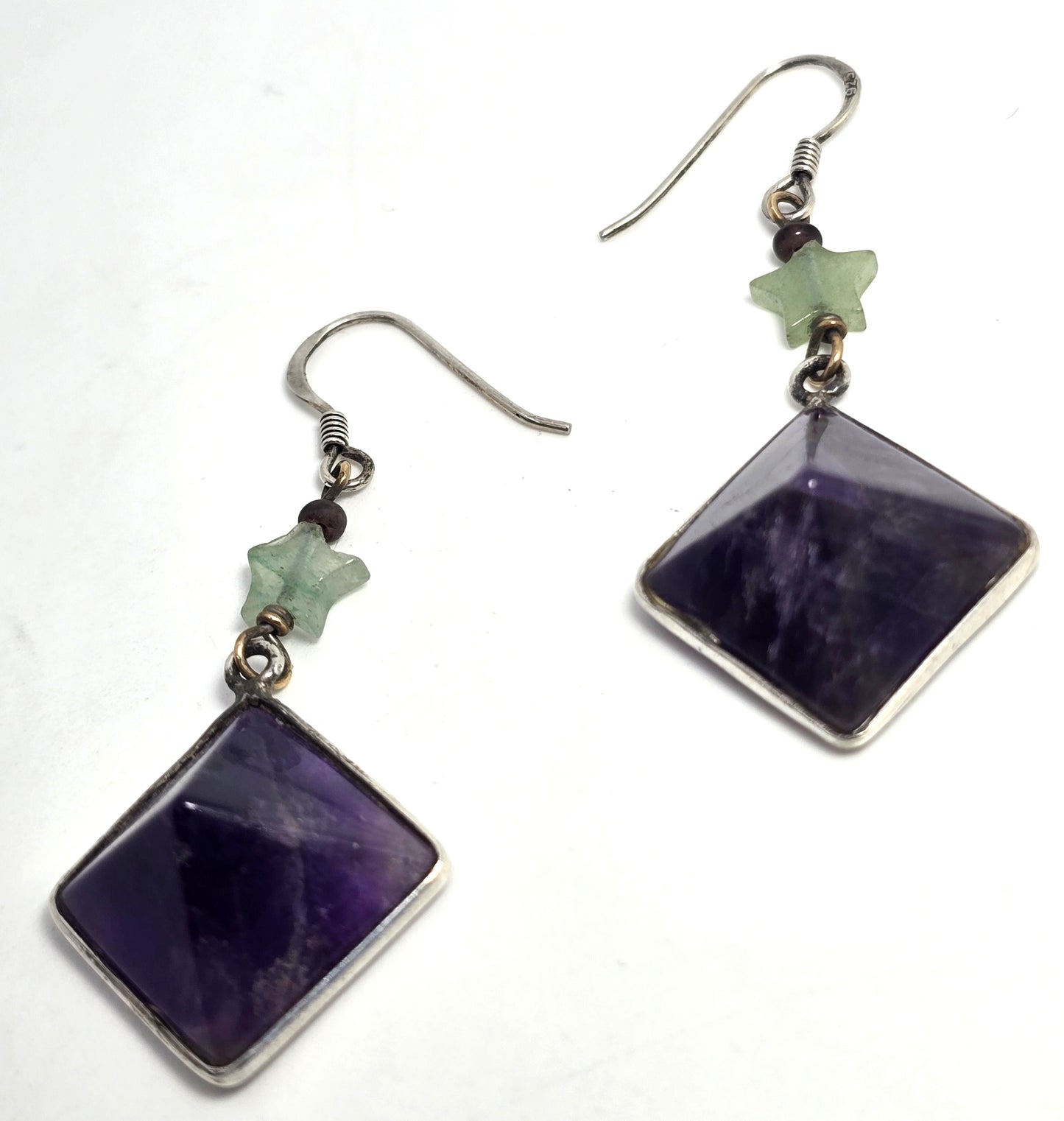 Amethyst pyramid Jadeite star gemstone vintage sterling silver earrings