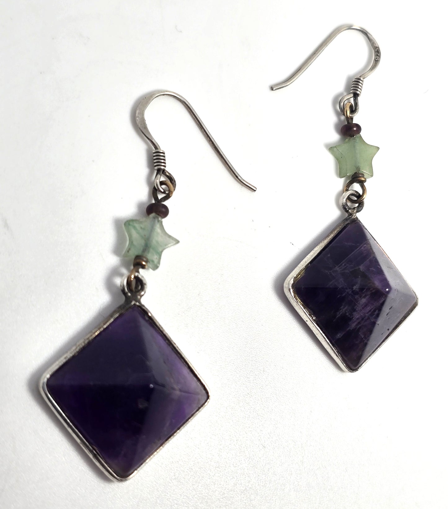 Amethyst pyramid Jadeite star gemstone vintage sterling silver earrings