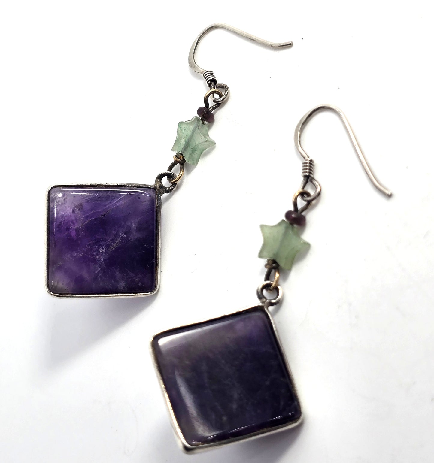 Amethyst pyramid Jadeite star gemstone vintage sterling silver earrings