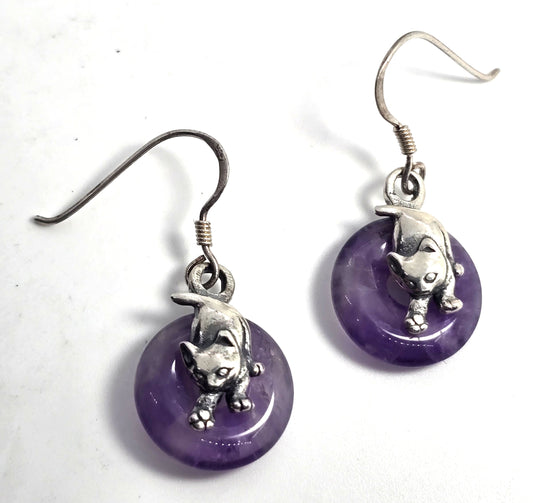 Playful kitty cat Amethyst donut gemstone vintage sterling silver earrings 1996