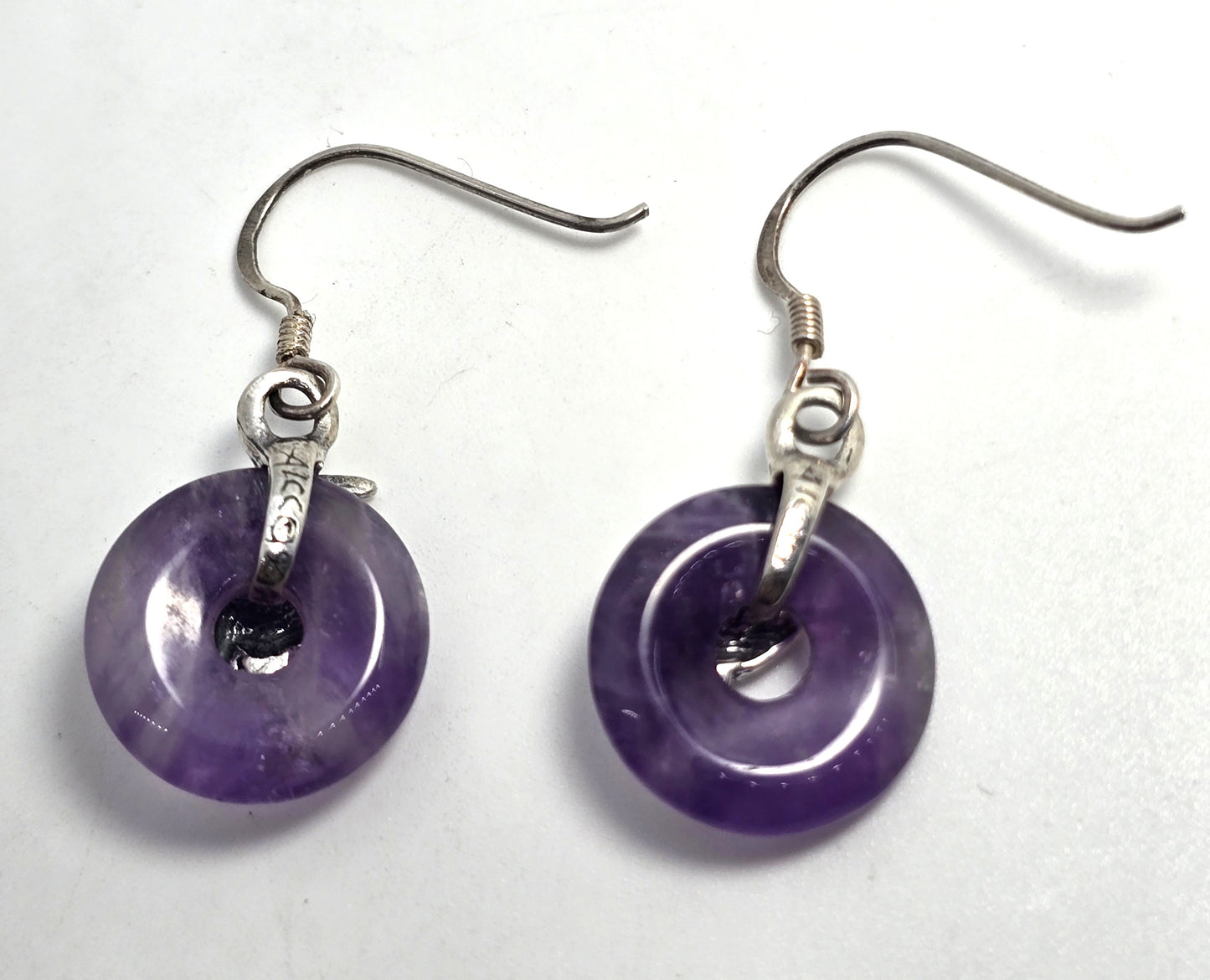 Playful kitty cat Amethyst donut gemstone vintage sterling silver earrings 1996