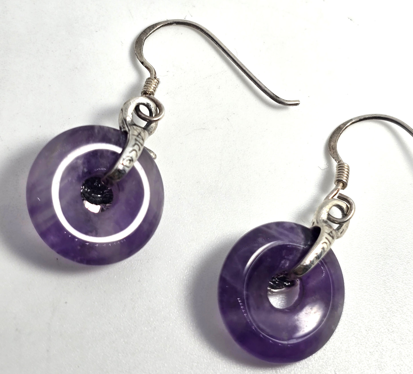 Playful kitty cat Amethyst donut gemstone vintage sterling silver earrings 1996