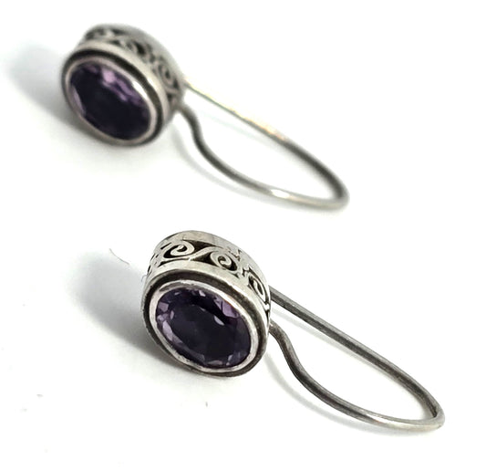 Amethyst purple gemstone tribal Bali style vintage sterling silver earrings