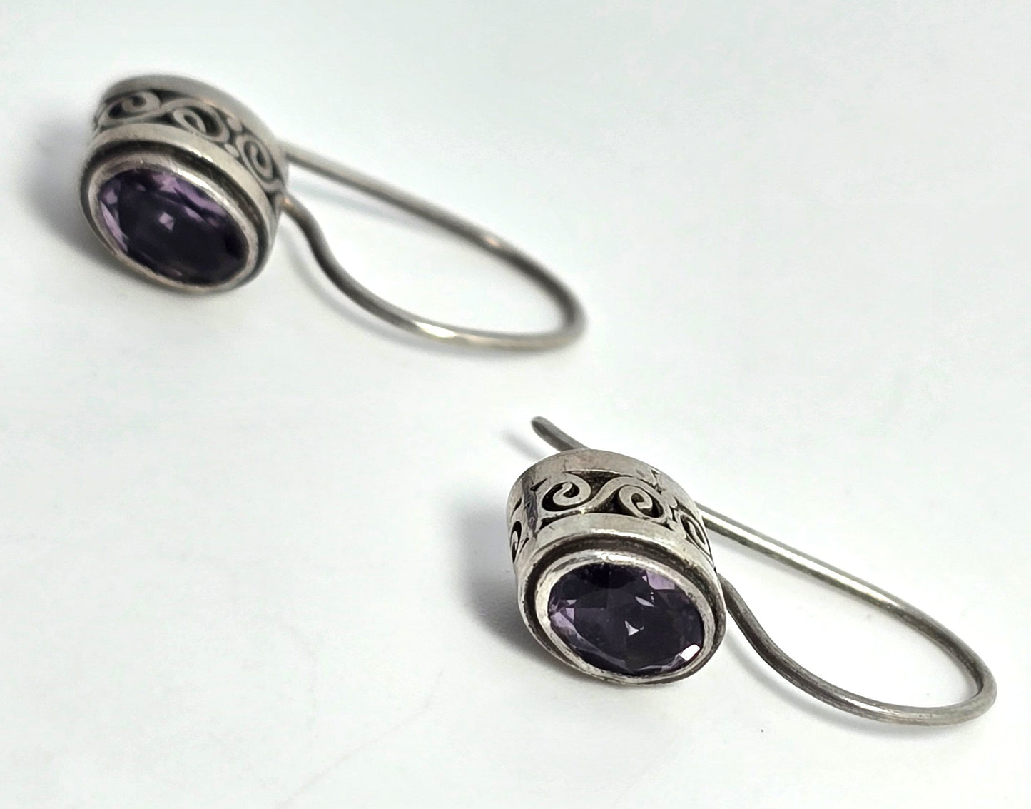 Amethyst purple gemstone tribal Bali style vintage sterling silver earrings