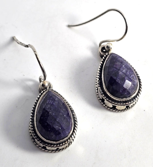 BJC Natural corundum blue Sapphire gemstone faceted pear sterling silver earrings
