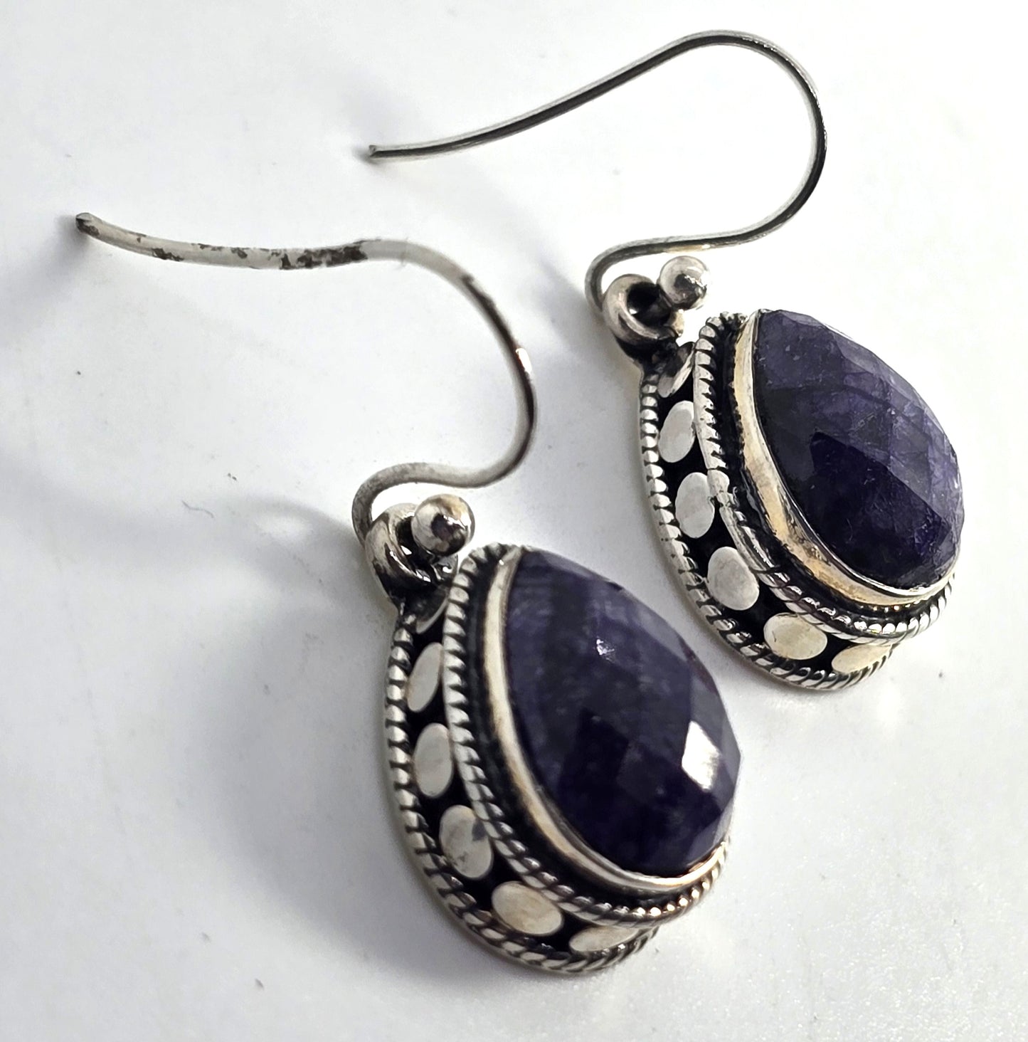 BJC Natural corundum blue Sapphire gemstone faceted pear sterling silver earrings
