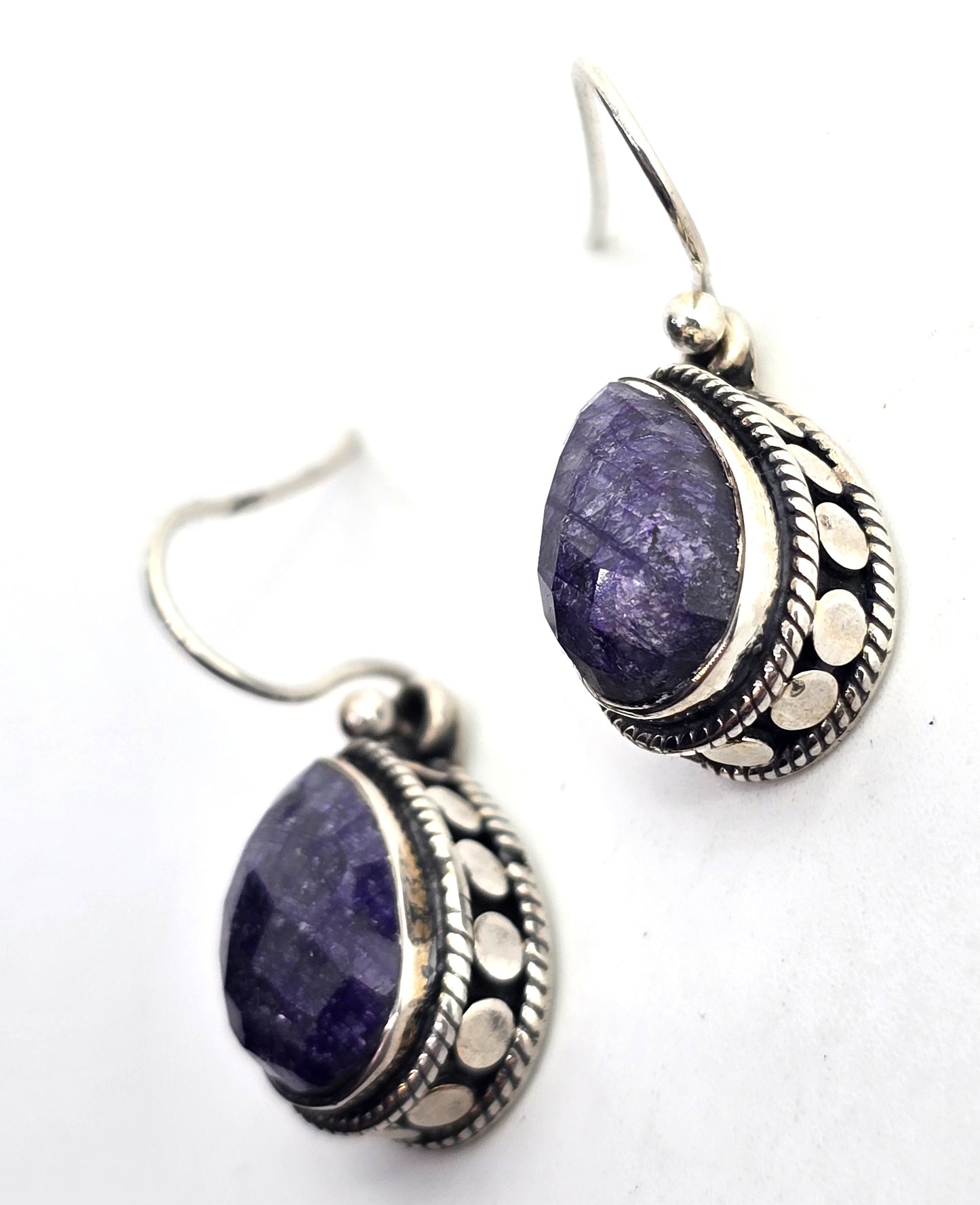 BJC Natural corundum blue Sapphire gemstone faceted pear sterling silver earrings