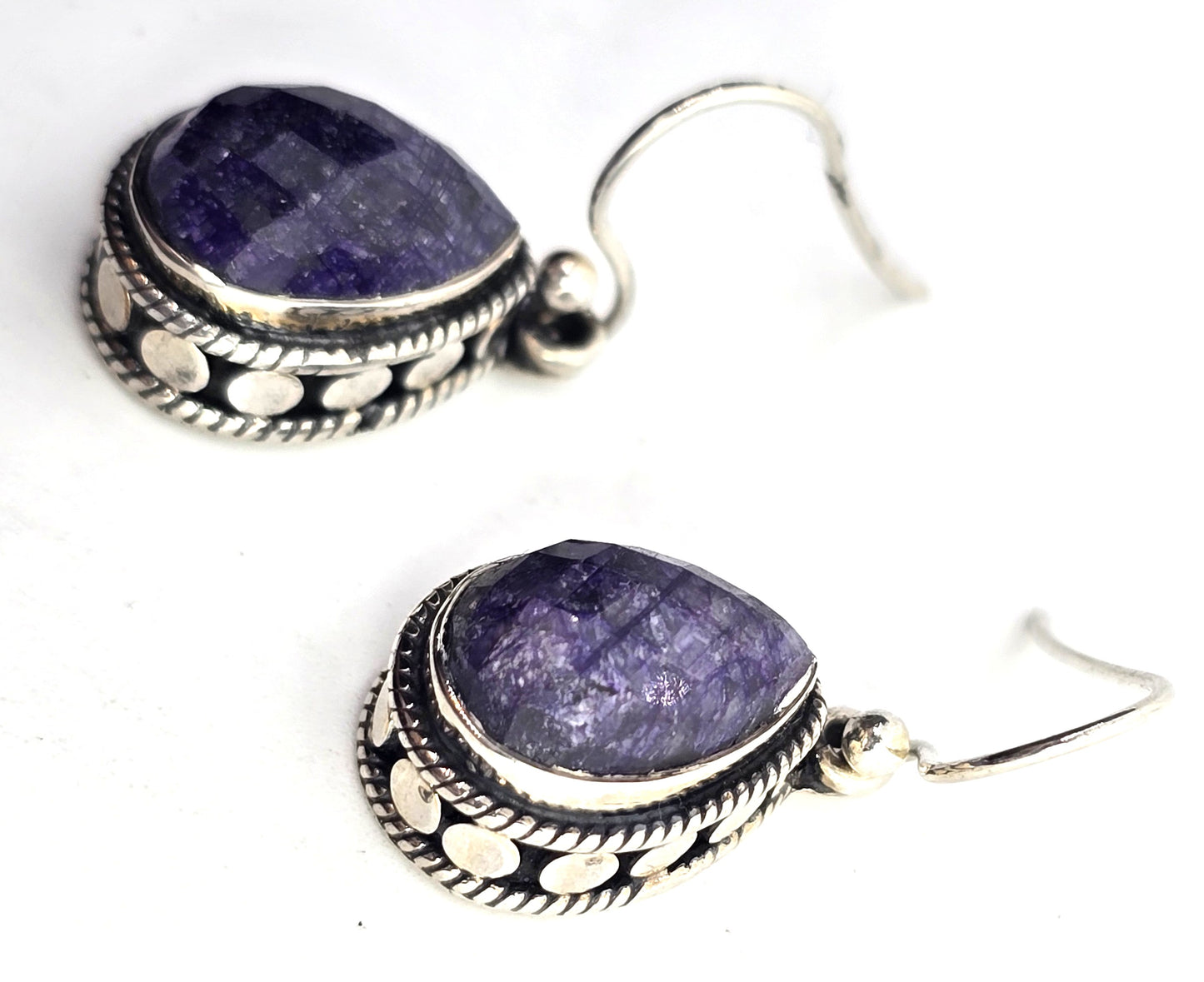 BJC Natural corundum blue Sapphire gemstone faceted pear sterling silver earrings
