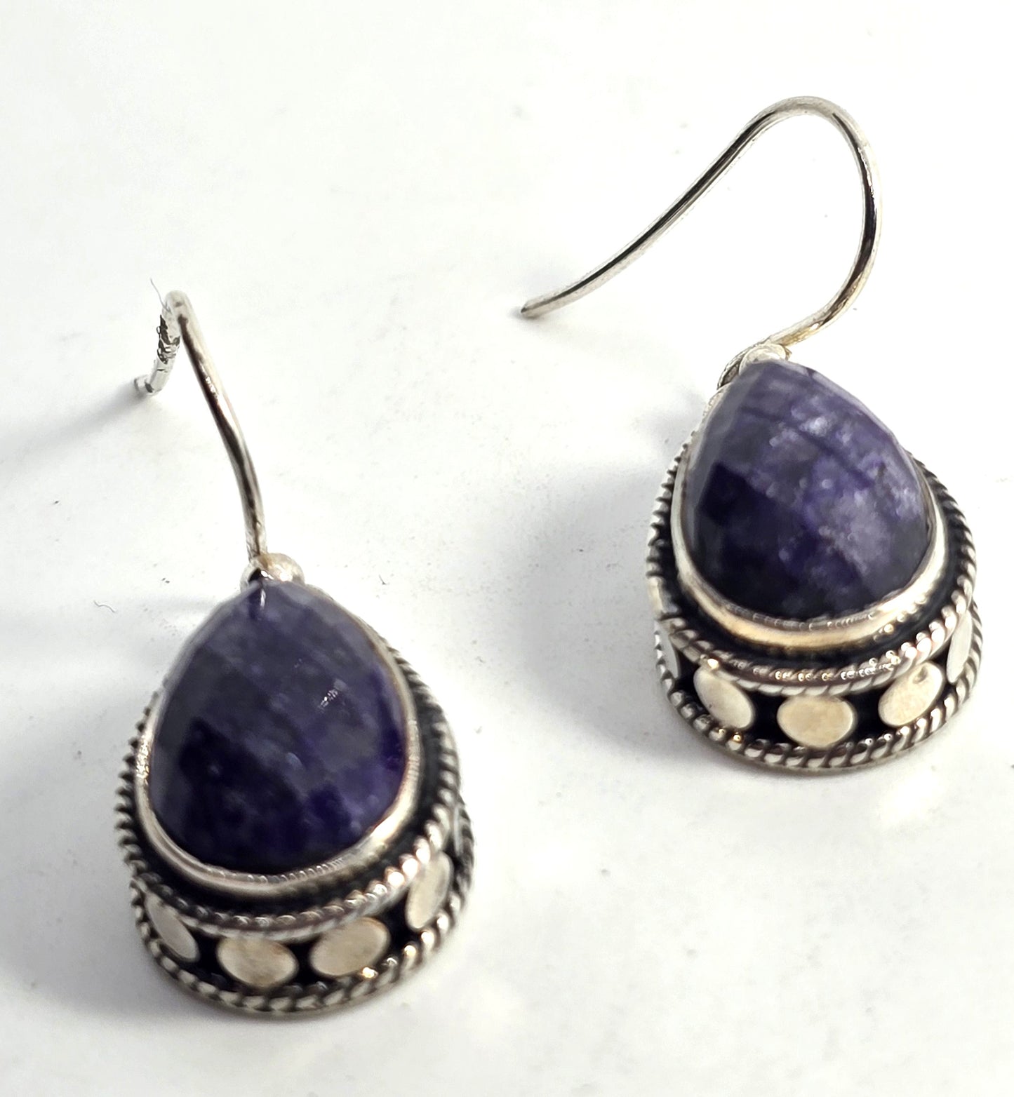 BJC Natural corundum blue Sapphire gemstone faceted pear sterling silver earrings