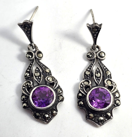 Purple Sapphire rare vintage marcasite sterling silver post earrings