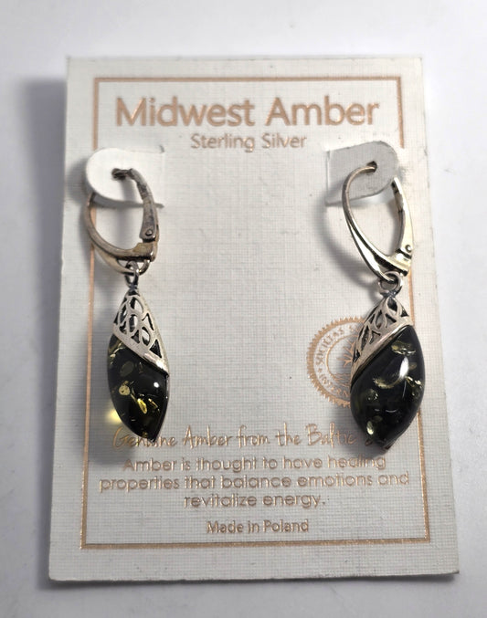 Polish Green amber sterling silver Drop Poland lever back earrings