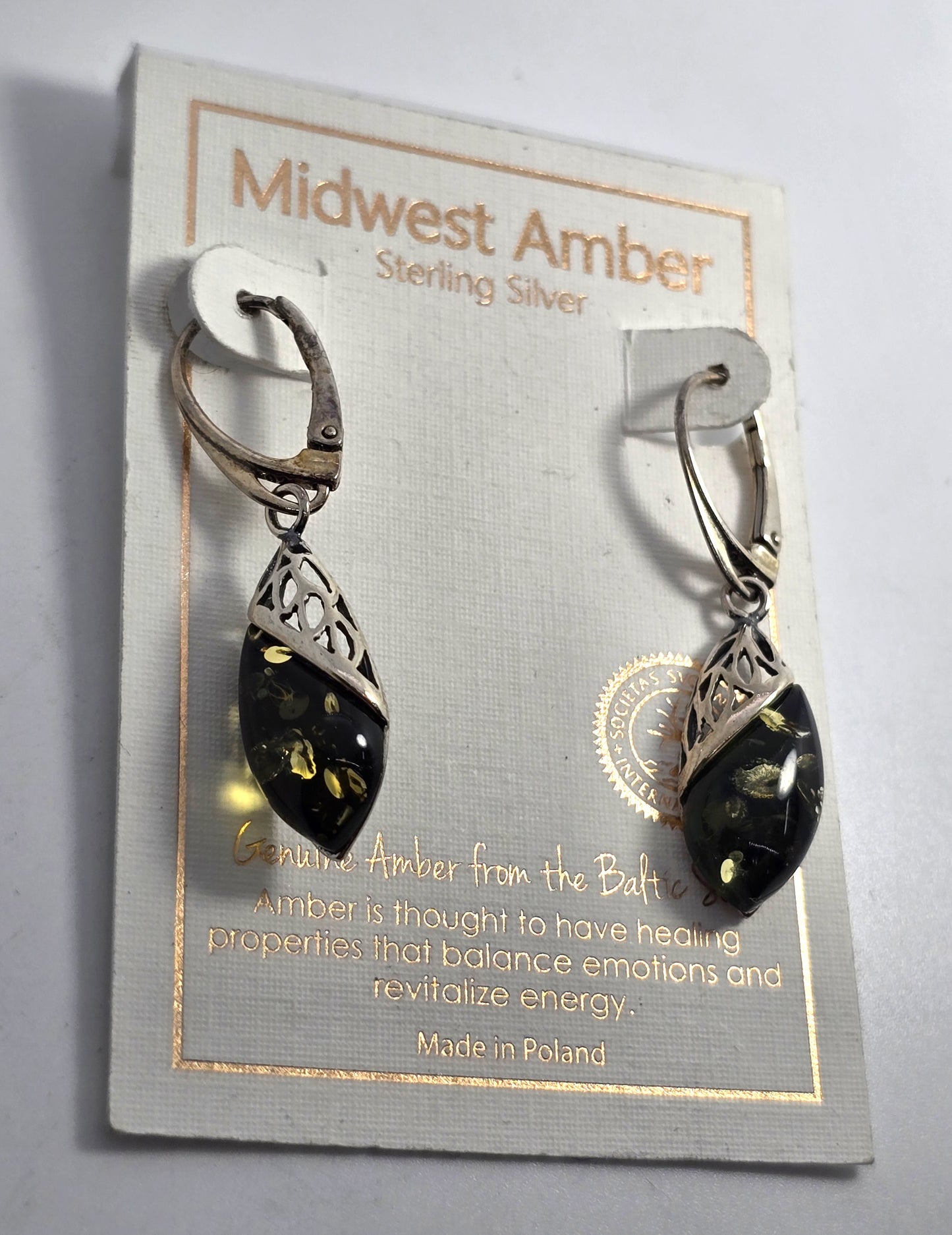 Polish Green amber sterling silver Drop Poland lever back earrings