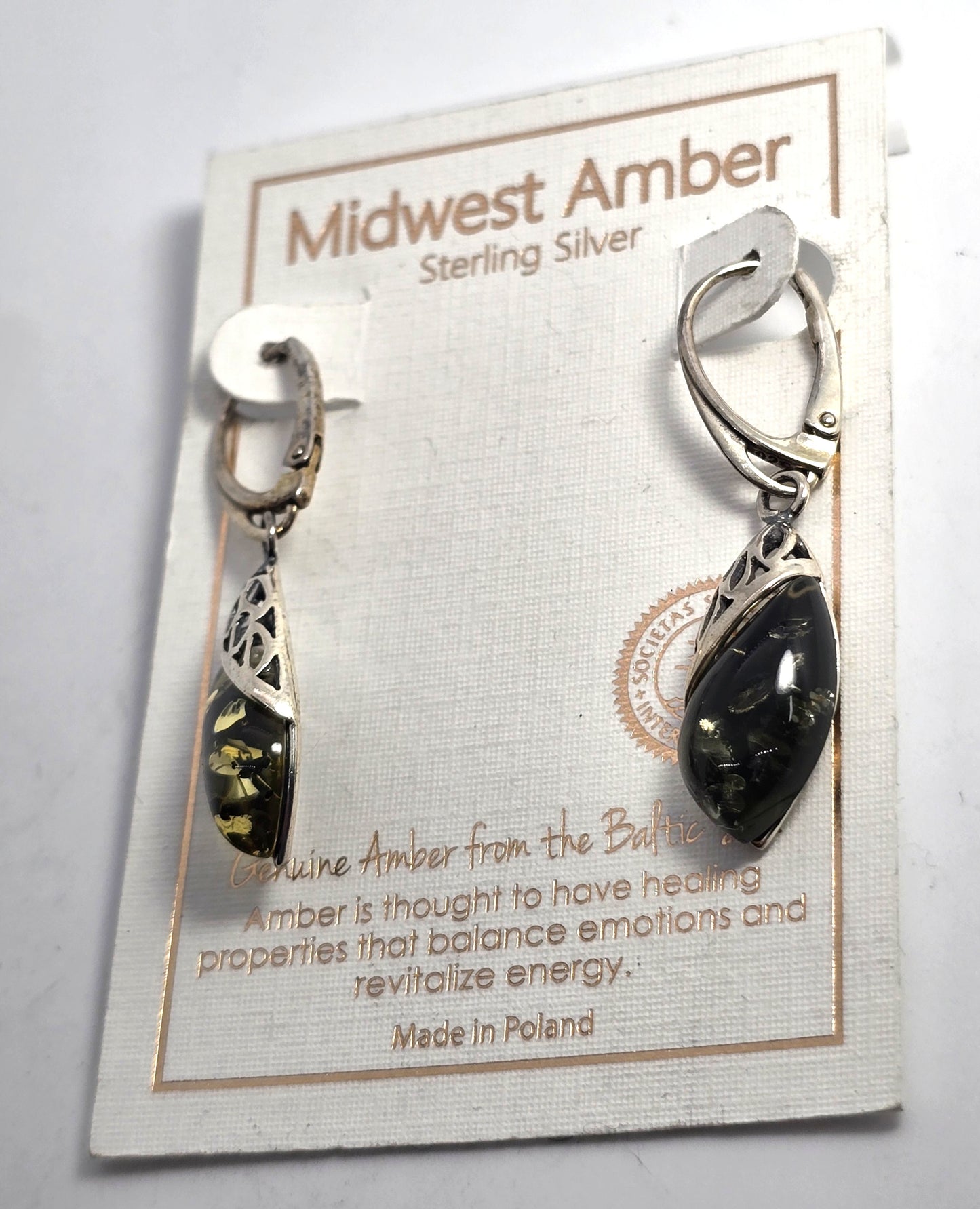 Polish Green amber sterling silver Drop Poland lever back earrings