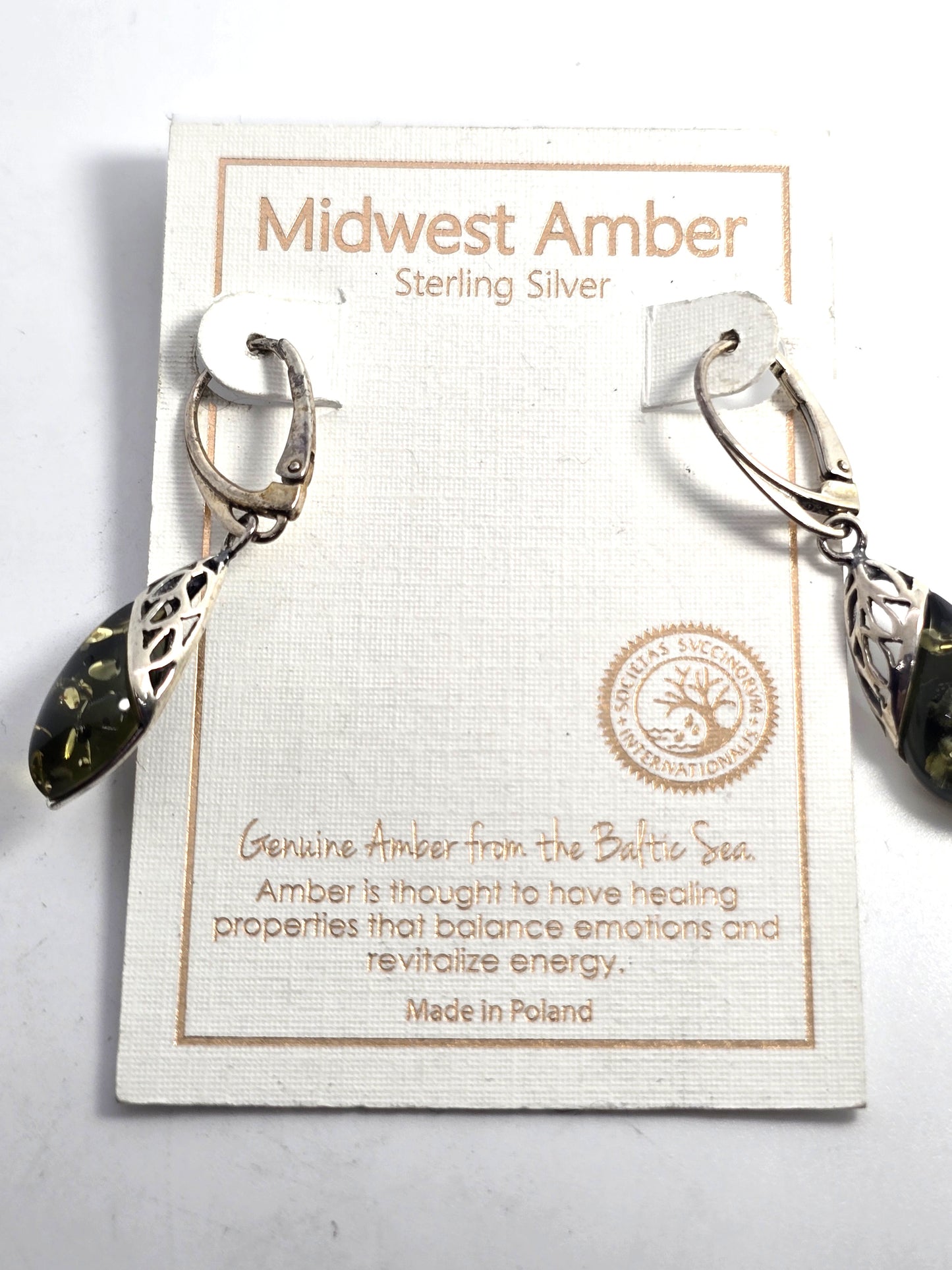 Polish Green amber sterling silver Drop Poland lever back earrings