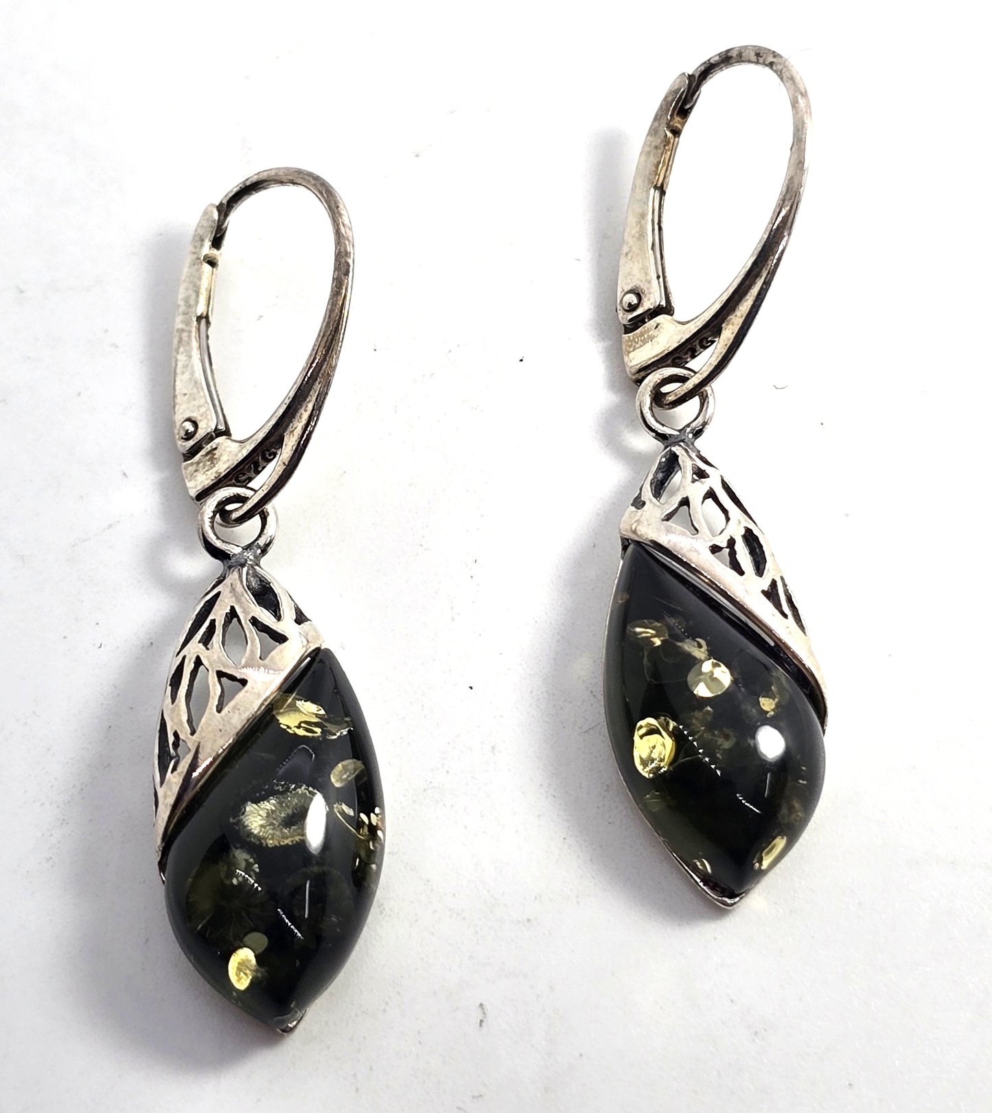 Polish Green amber sterling silver Drop Poland lever back earrings