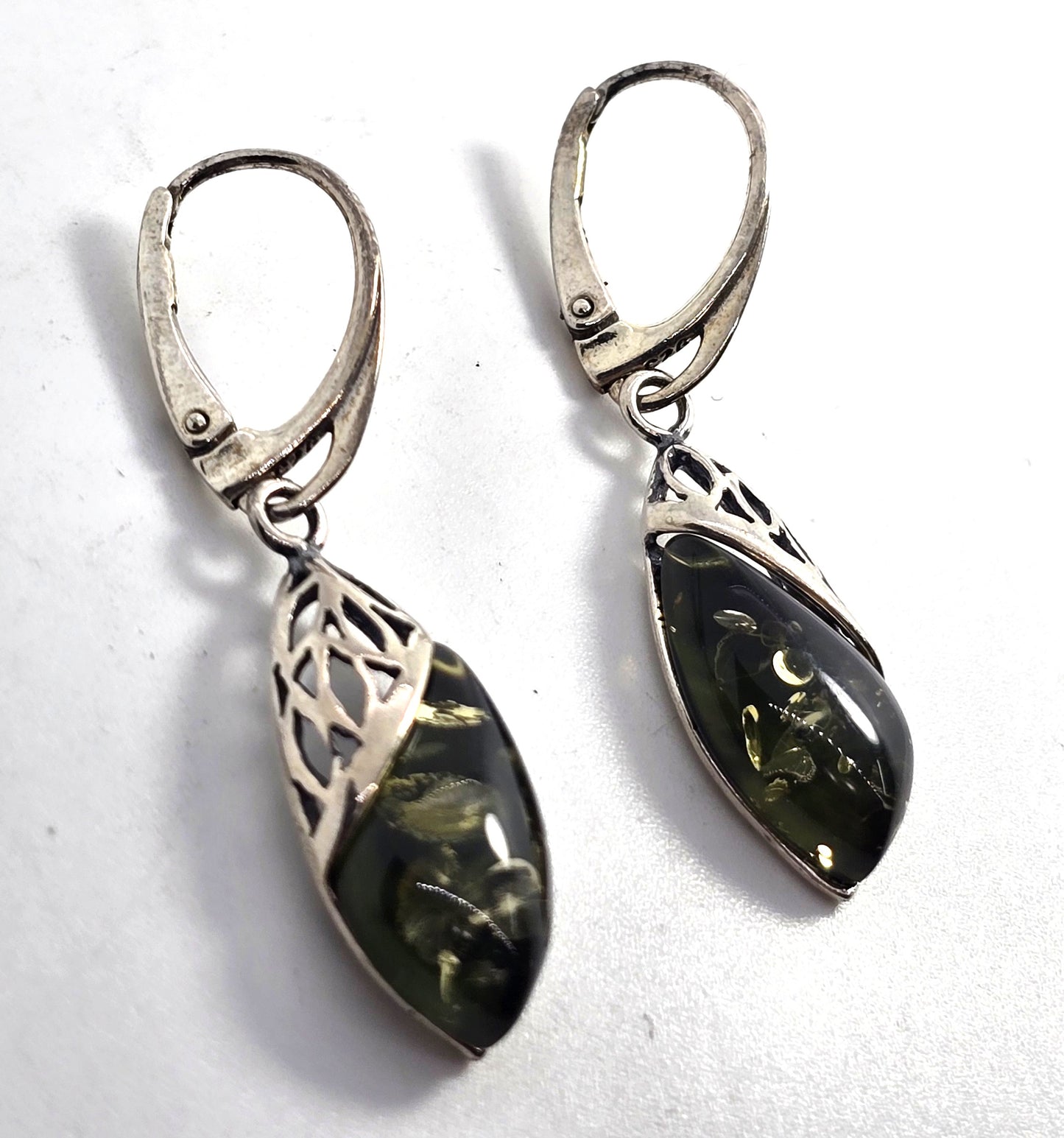 Polish Green amber sterling silver Drop Poland lever back earrings