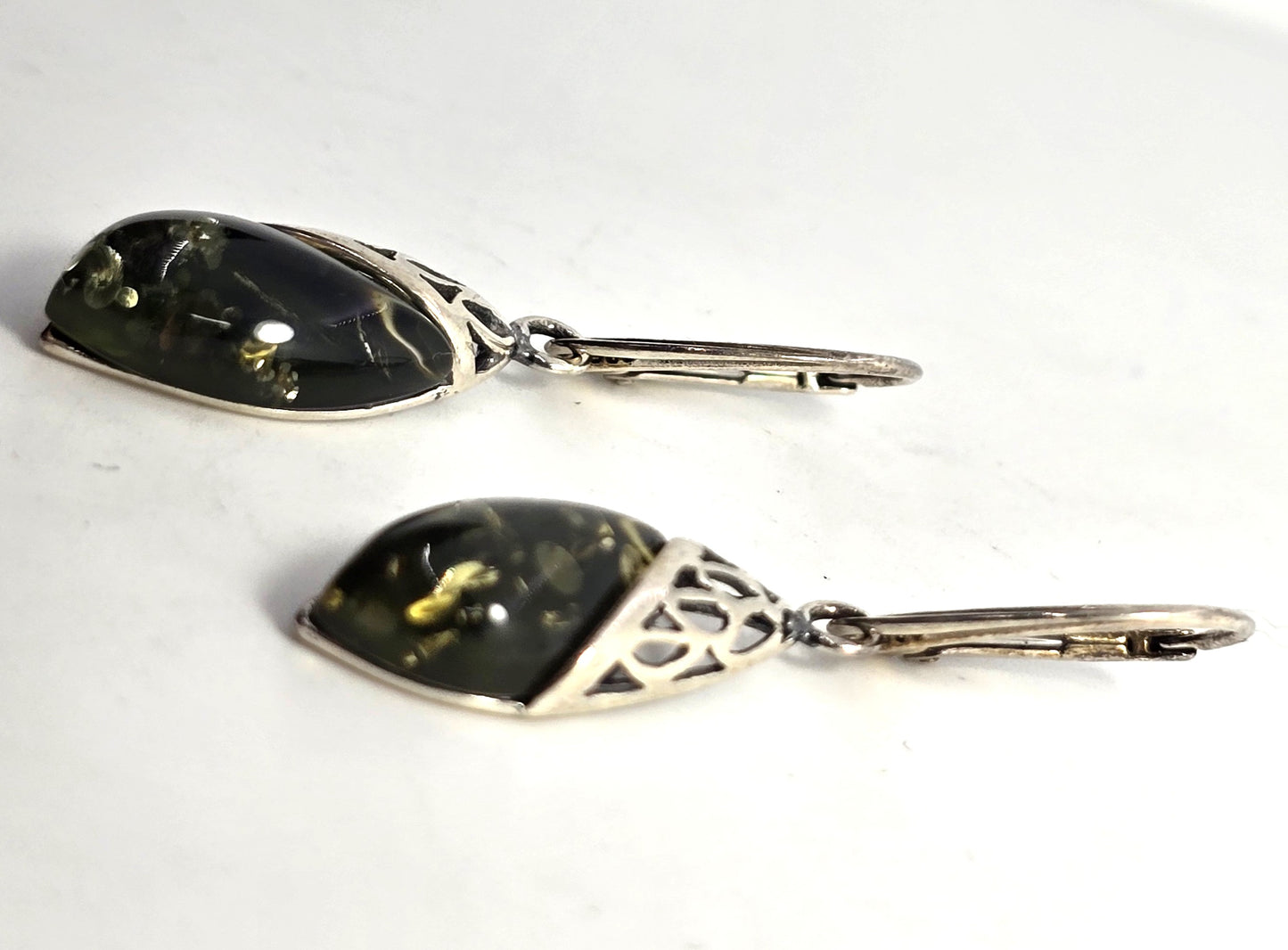 Polish Green amber sterling silver Drop Poland lever back earrings