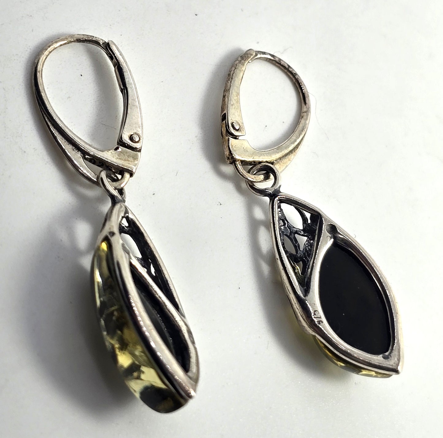 Polish Green amber sterling silver Drop Poland lever back earrings