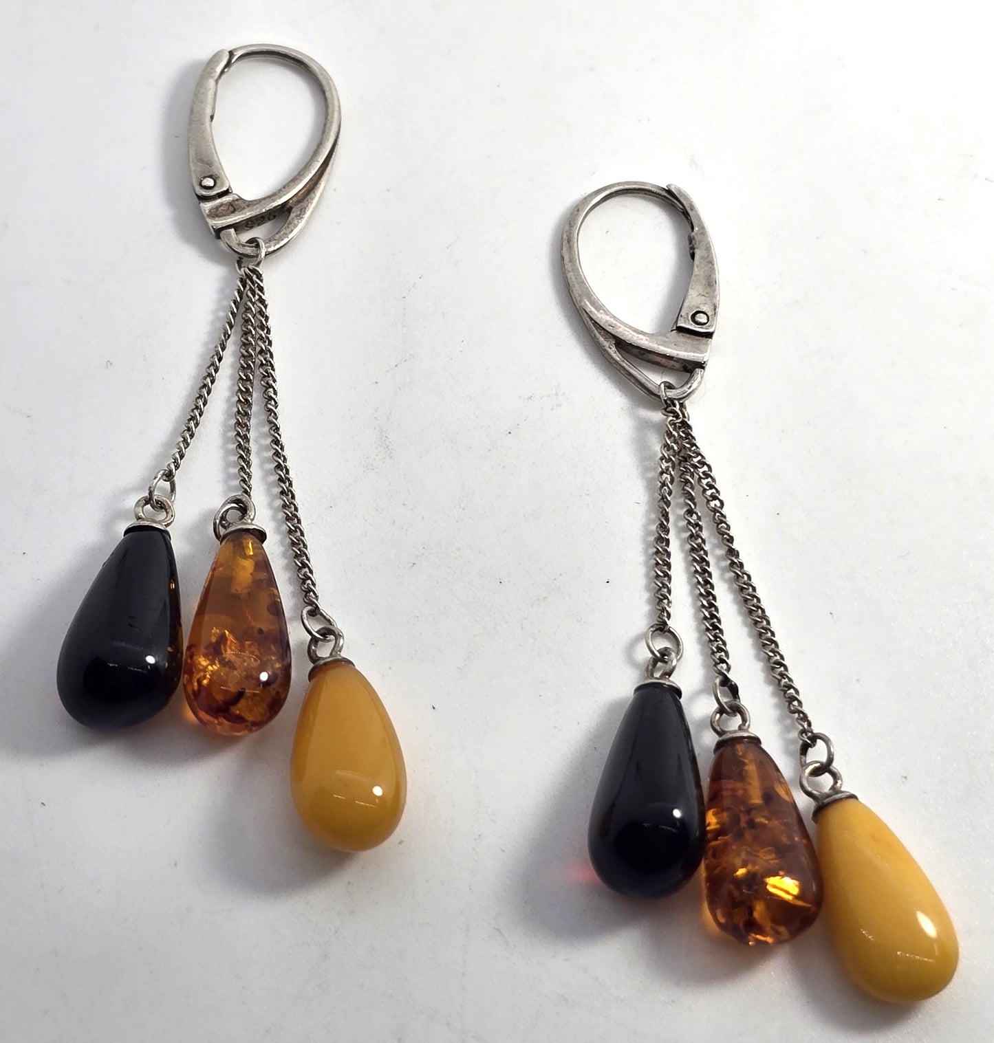 Cherry, cognac and egg yolk amber sterling silver drop lever back earrings
