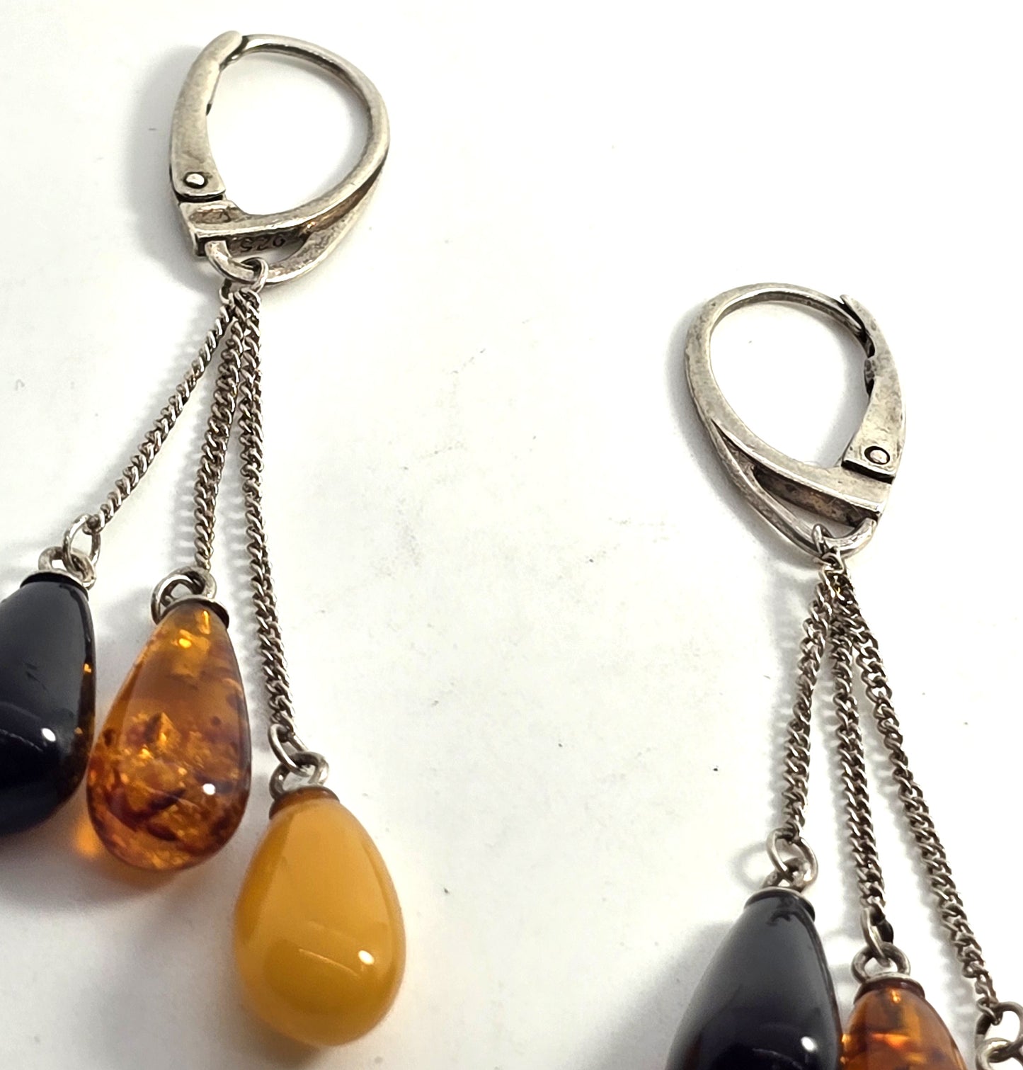 Cherry, cognac and egg yolk amber sterling silver drop lever back earrings