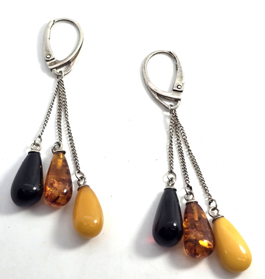 Cherry, cognac and egg yolk amber sterling silver drop lever back earrings