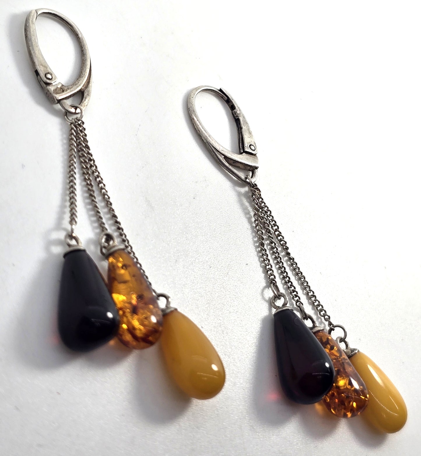 Cherry, cognac and egg yolk amber sterling silver drop lever back earrings