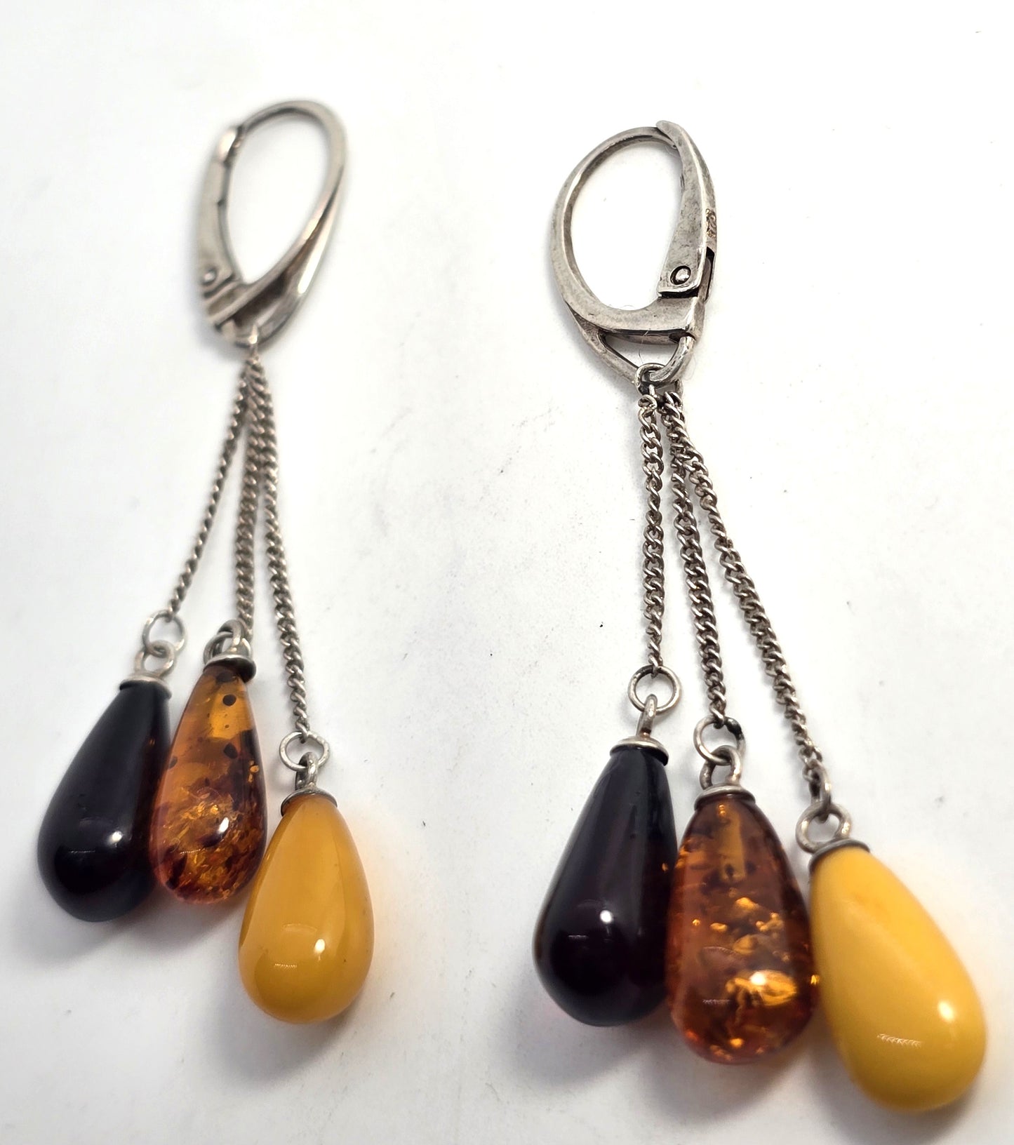 Cherry, cognac and egg yolk amber sterling silver drop lever back earrings