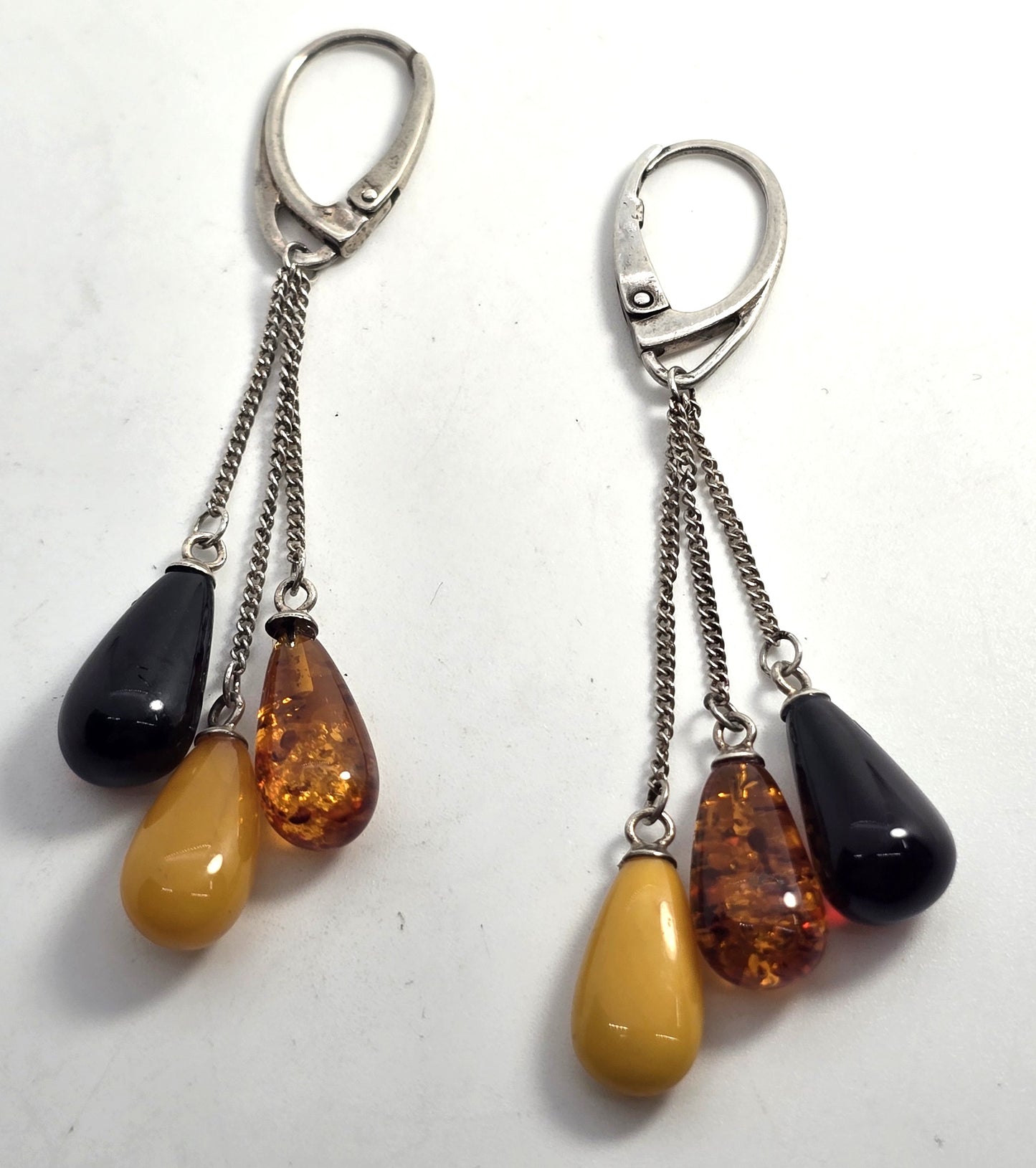 Cherry, cognac and egg yolk amber sterling silver drop lever back earrings