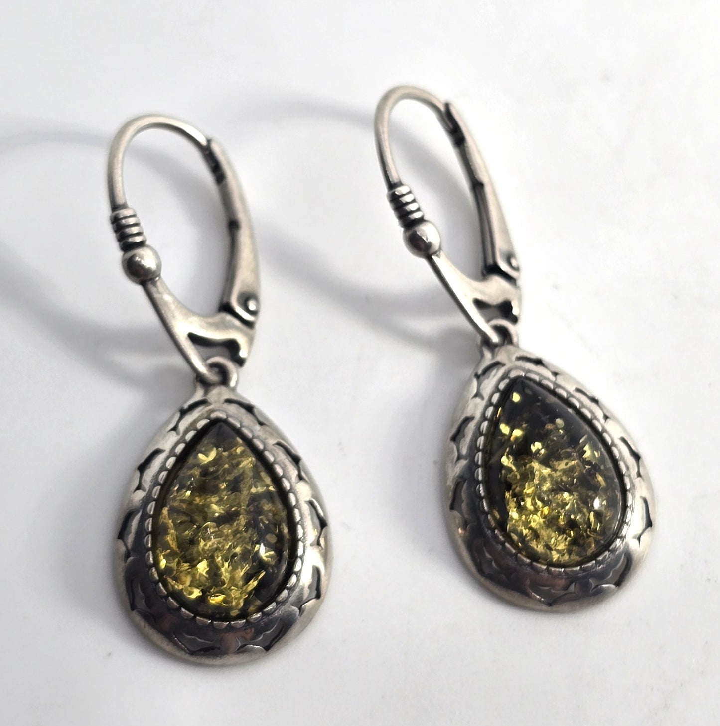 Polish Green amber sterling silver Drop lever back earrings