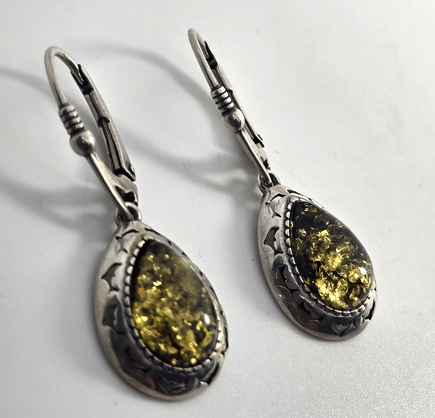 Polish Green amber sterling silver Drop lever back earrings