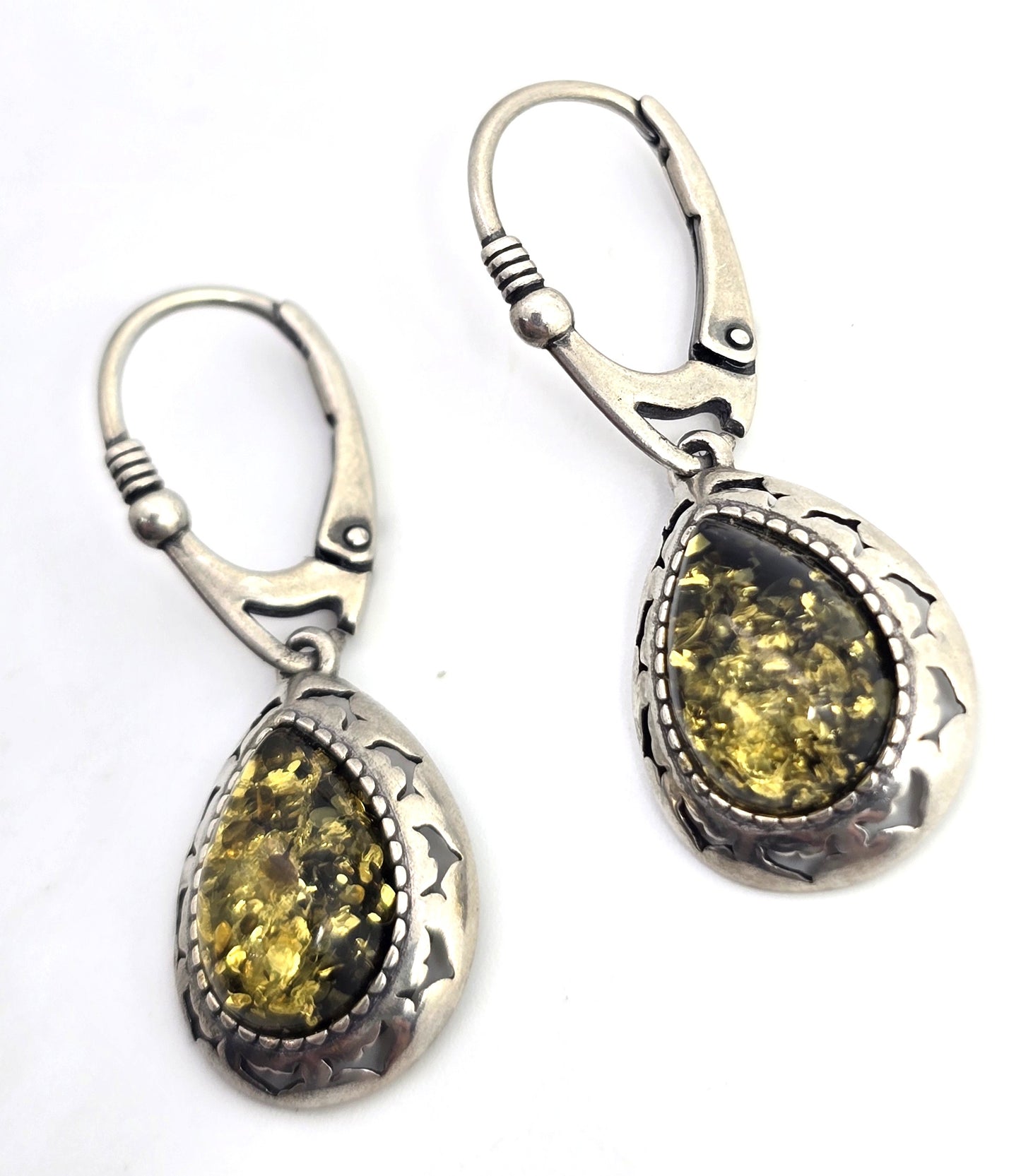 Polish Green amber sterling silver Drop lever back earrings