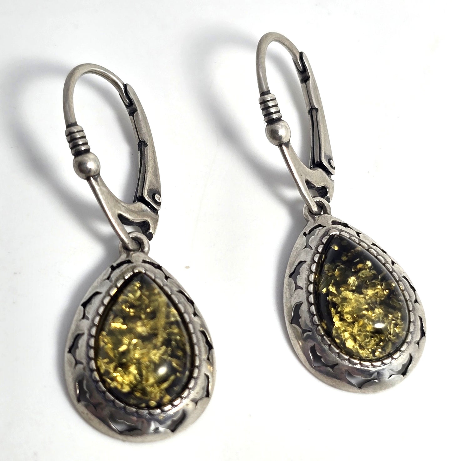 Polish Green amber sterling silver Drop lever back earrings