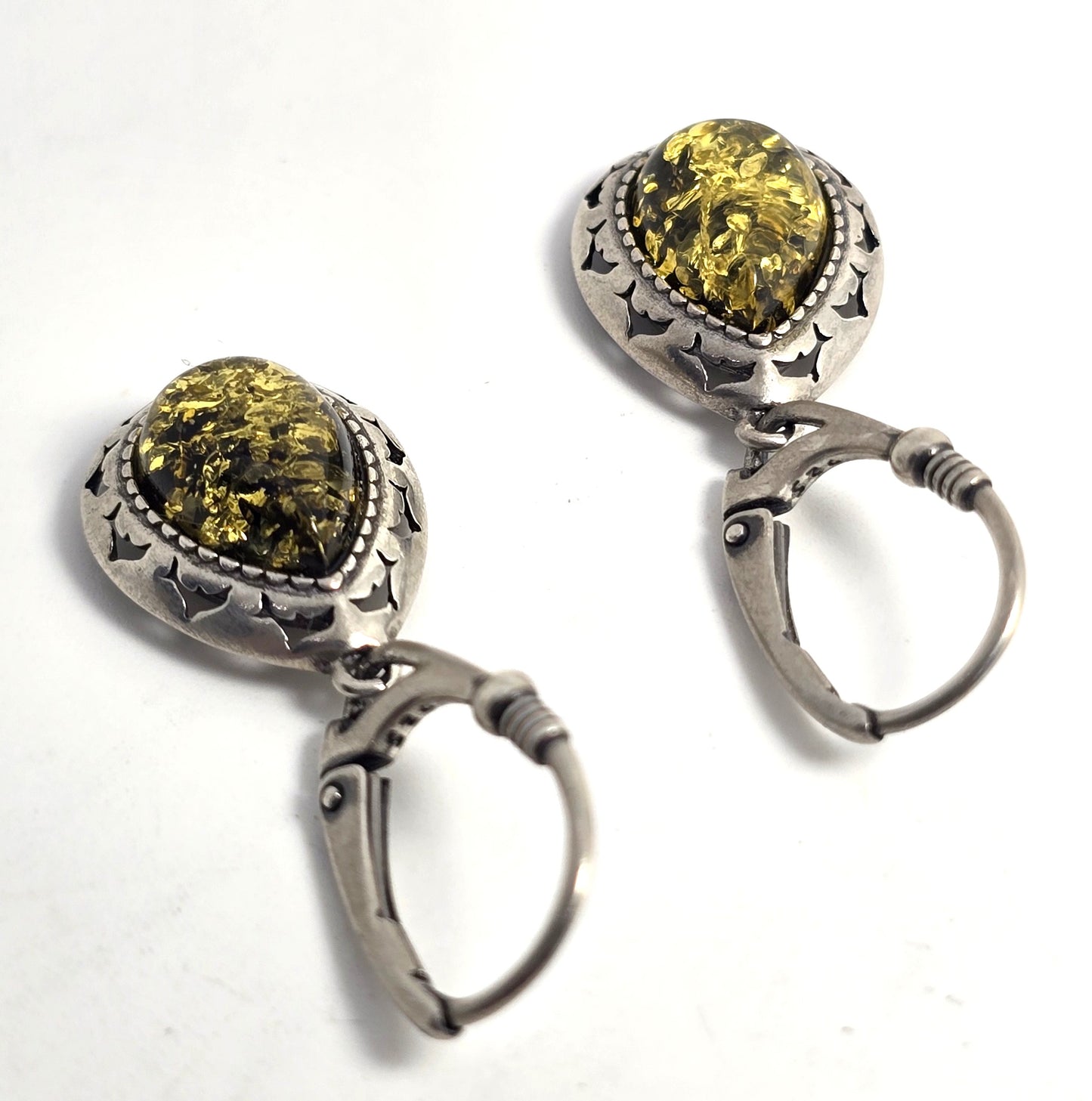 Polish Green amber sterling silver Drop lever back earrings