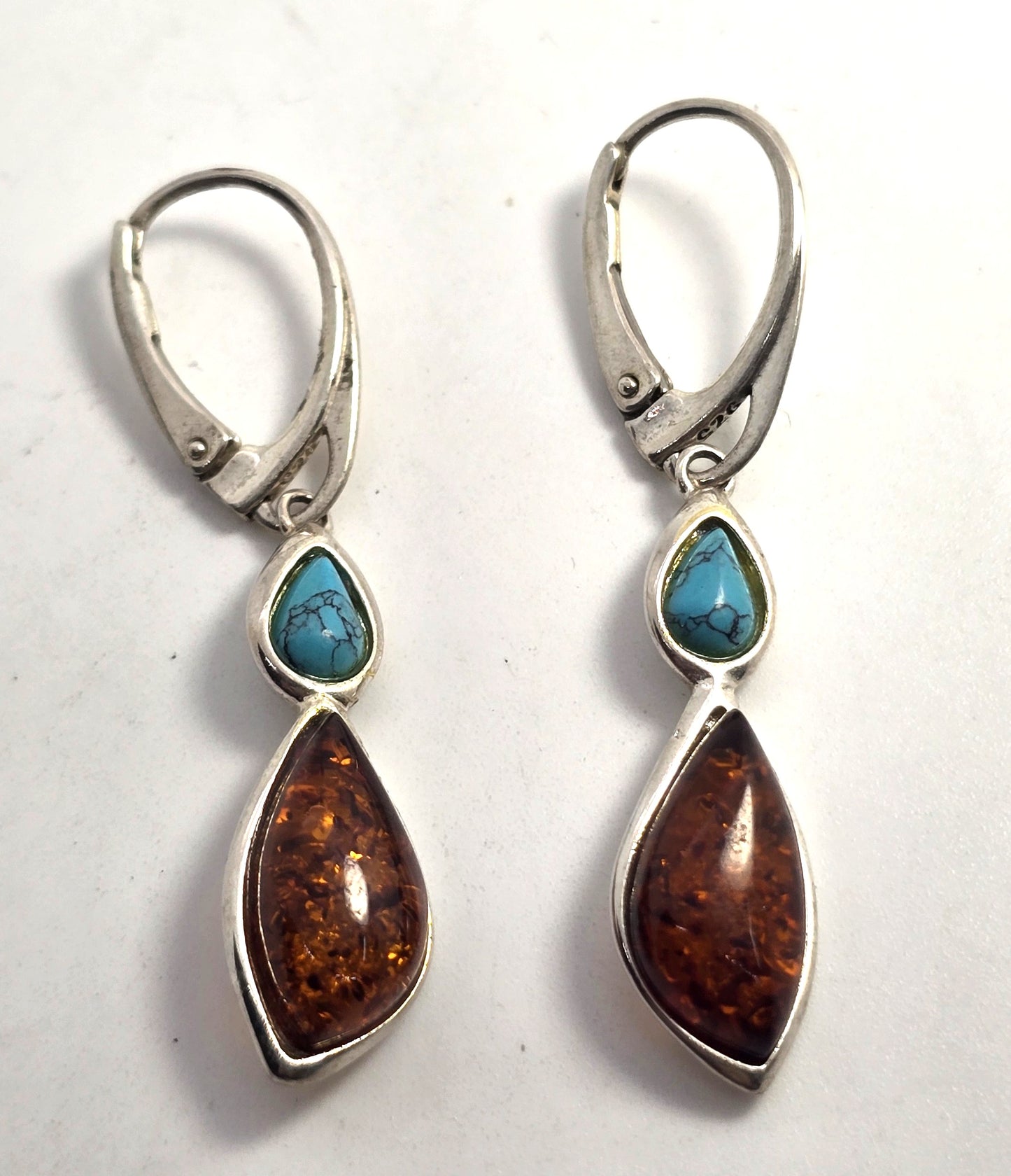 Polish amber dyed blue howlite sterling silver Drop lever back earrings