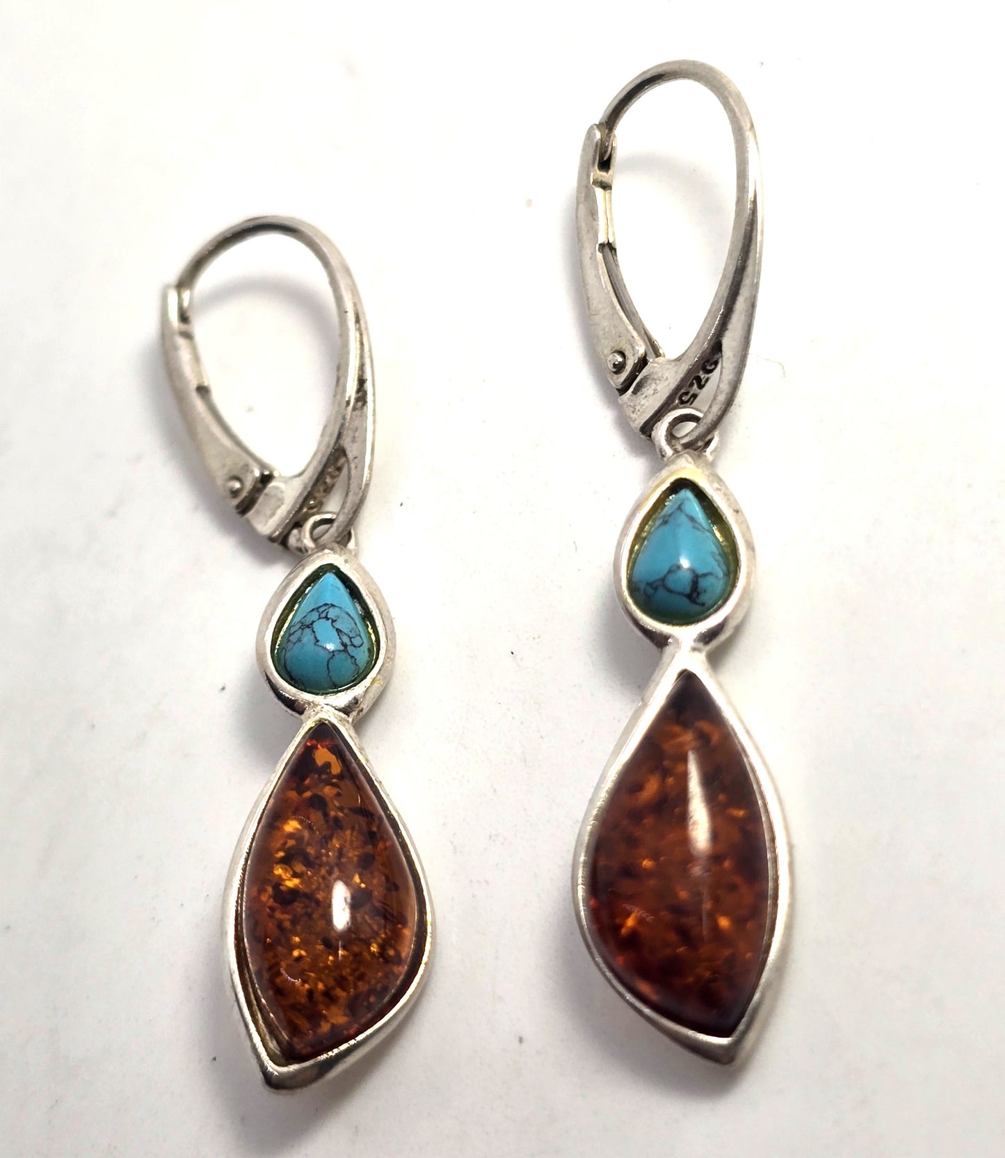 Polish amber dyed blue howlite sterling silver Drop lever back earrings