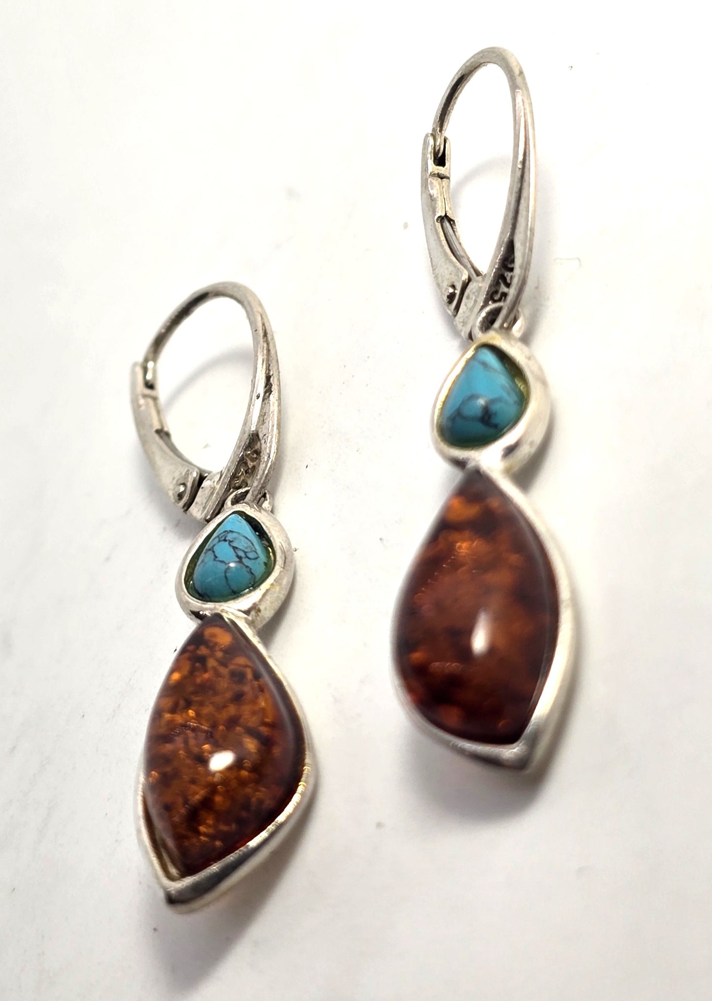 Polish amber dyed blue howlite sterling silver Drop lever back earrings