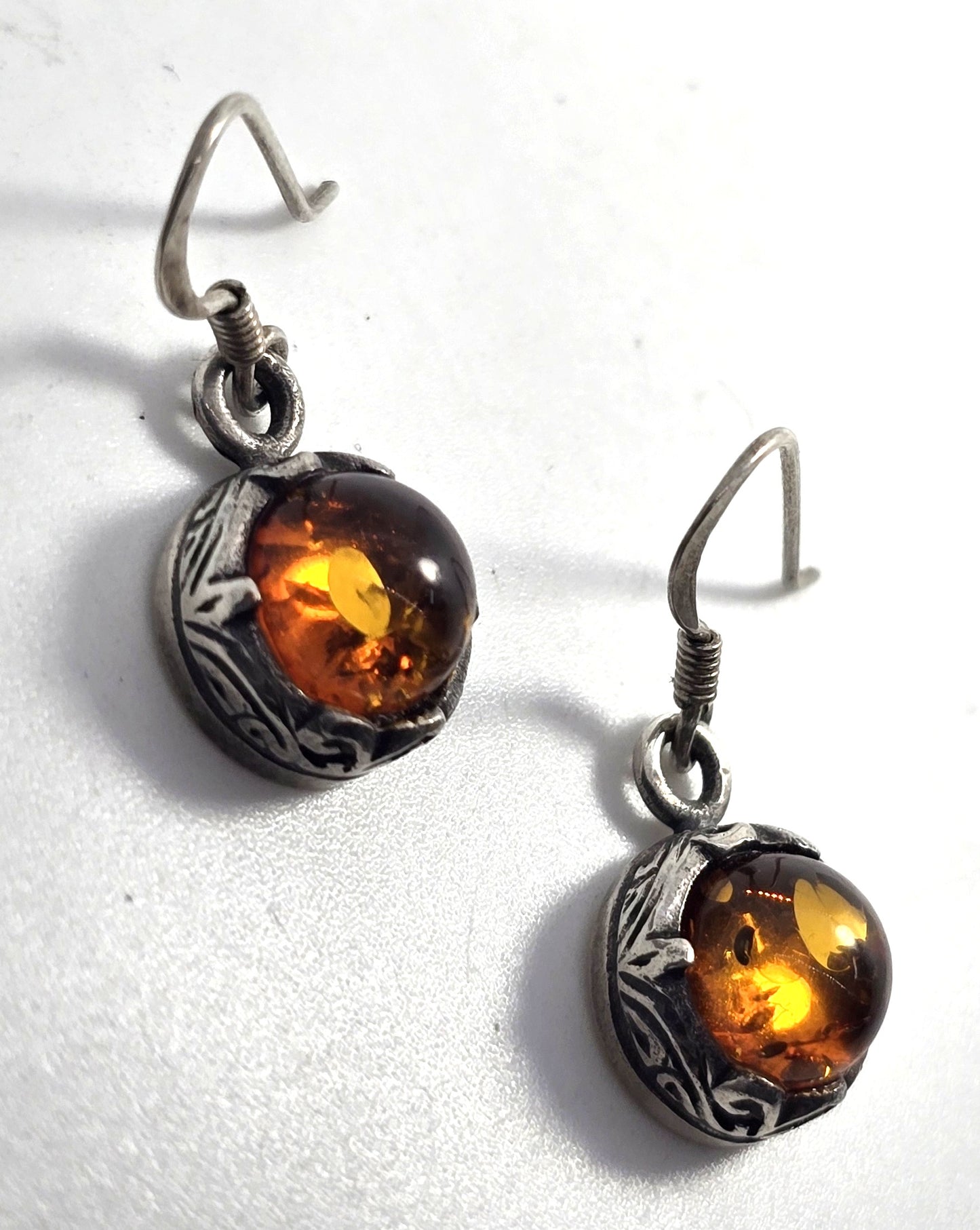 Polish amber sterling silver filigree Drop lever back earrings
