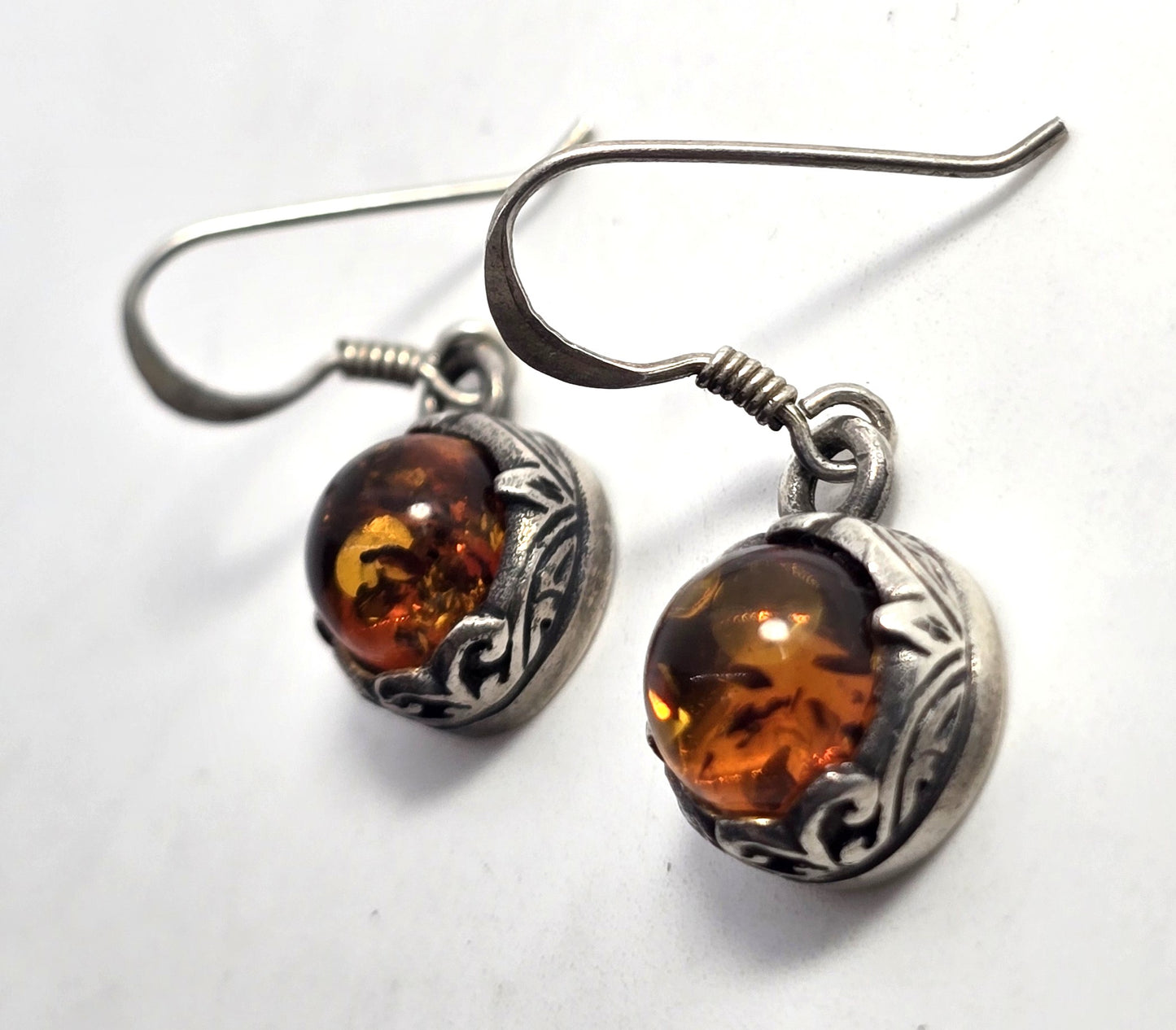Polish amber sterling silver filigree Drop lever back earrings