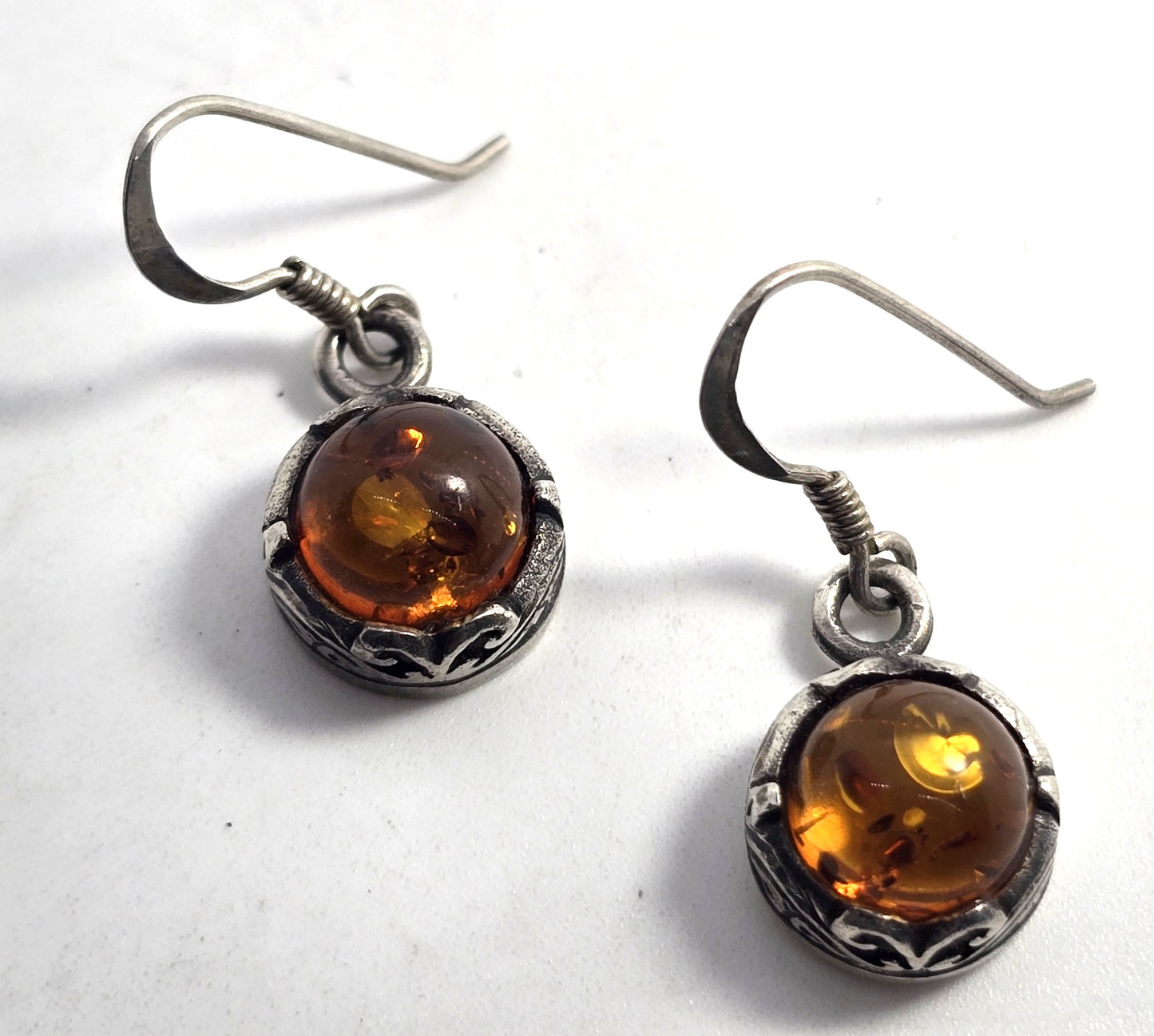 Polish amber sterling silver filigree Drop lever back earrings