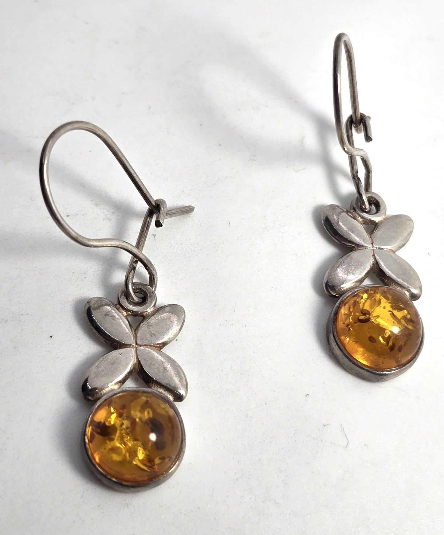 Polish amber sterling silver flower Drop hook and latch earrings