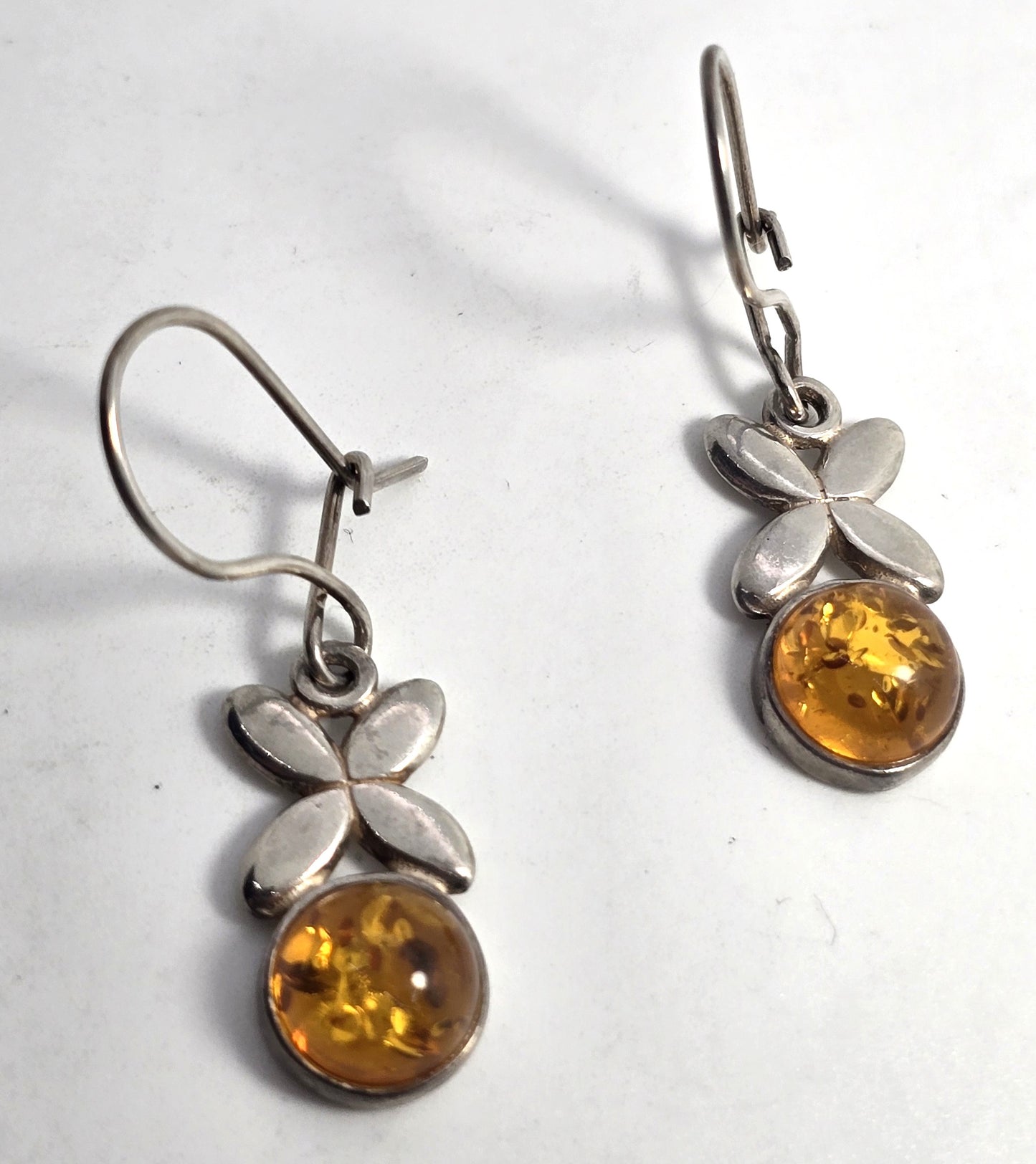 Polish amber sterling silver flower Drop hook and latch earrings