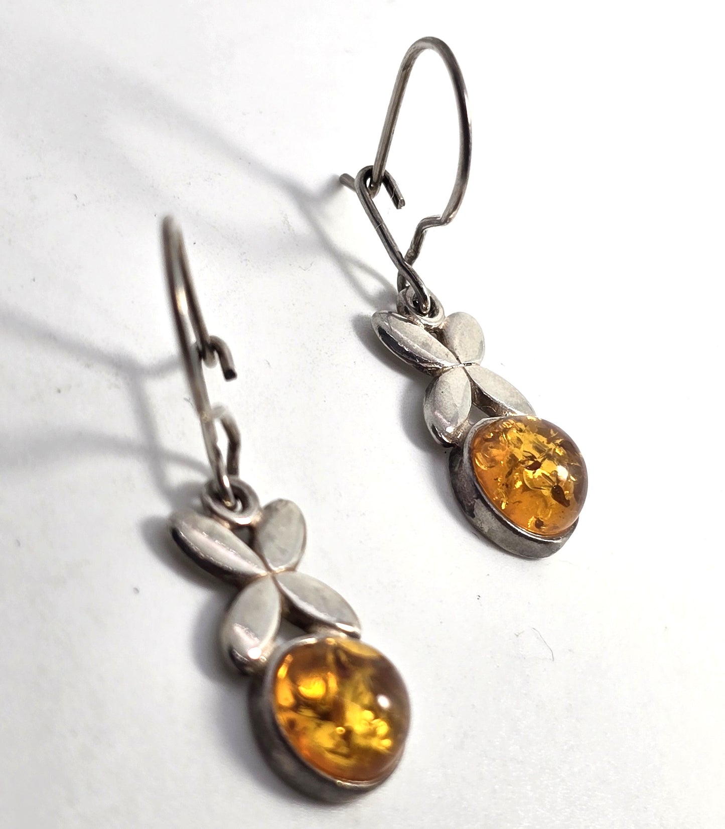 Polish amber sterling silver flower Drop hook and latch earrings