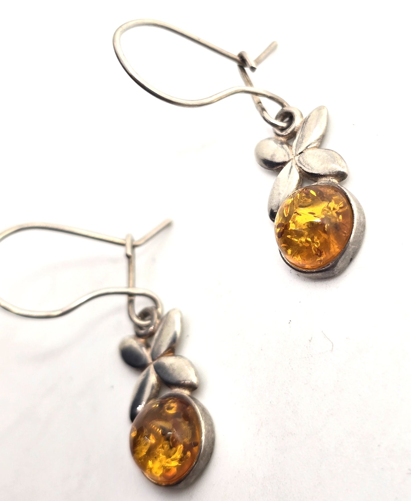 Polish amber sterling silver flower Drop hook and latch earrings