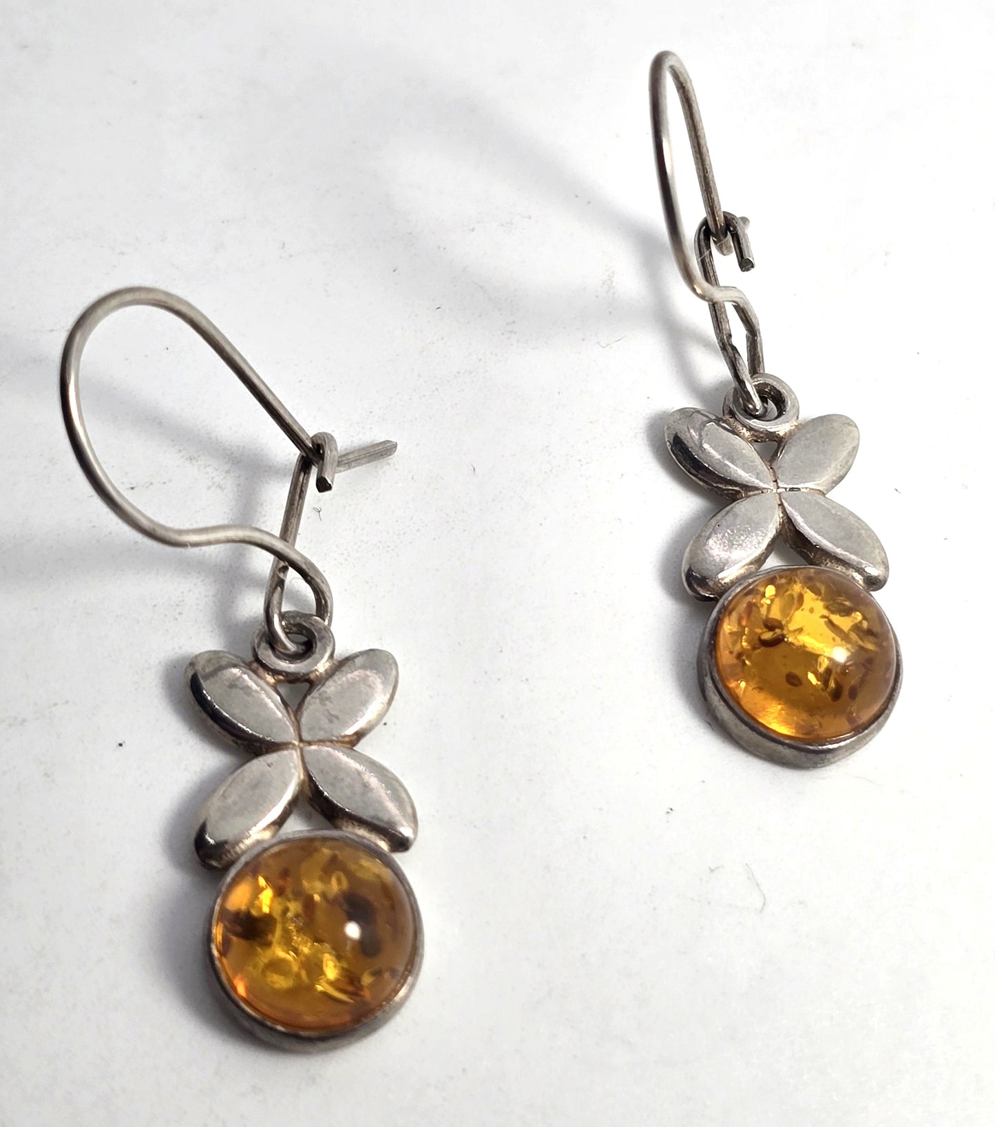 Polish amber sterling silver flower Drop hook and latch earrings