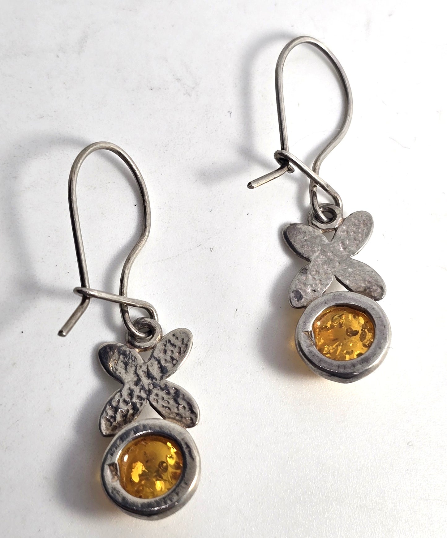 Polish amber sterling silver flower Drop hook and latch earrings