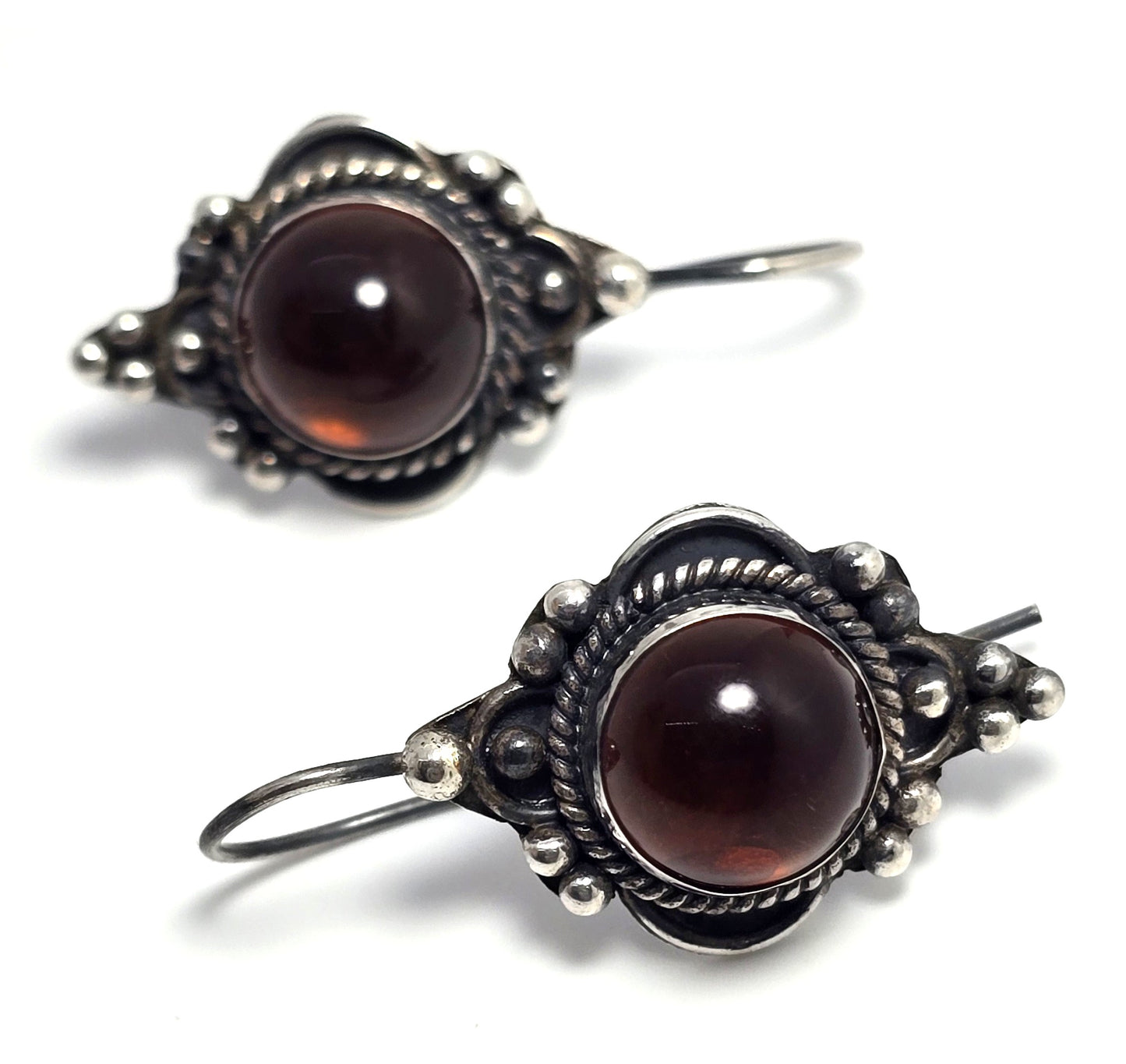 Amber sterling silver Bali Balinese tribal hook and latch vintage earrings