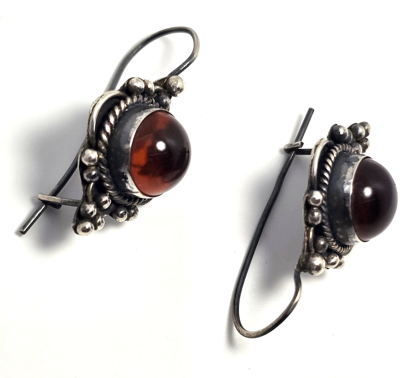 Amber sterling silver Bali Balinese tribal hook and latch vintage earrings
